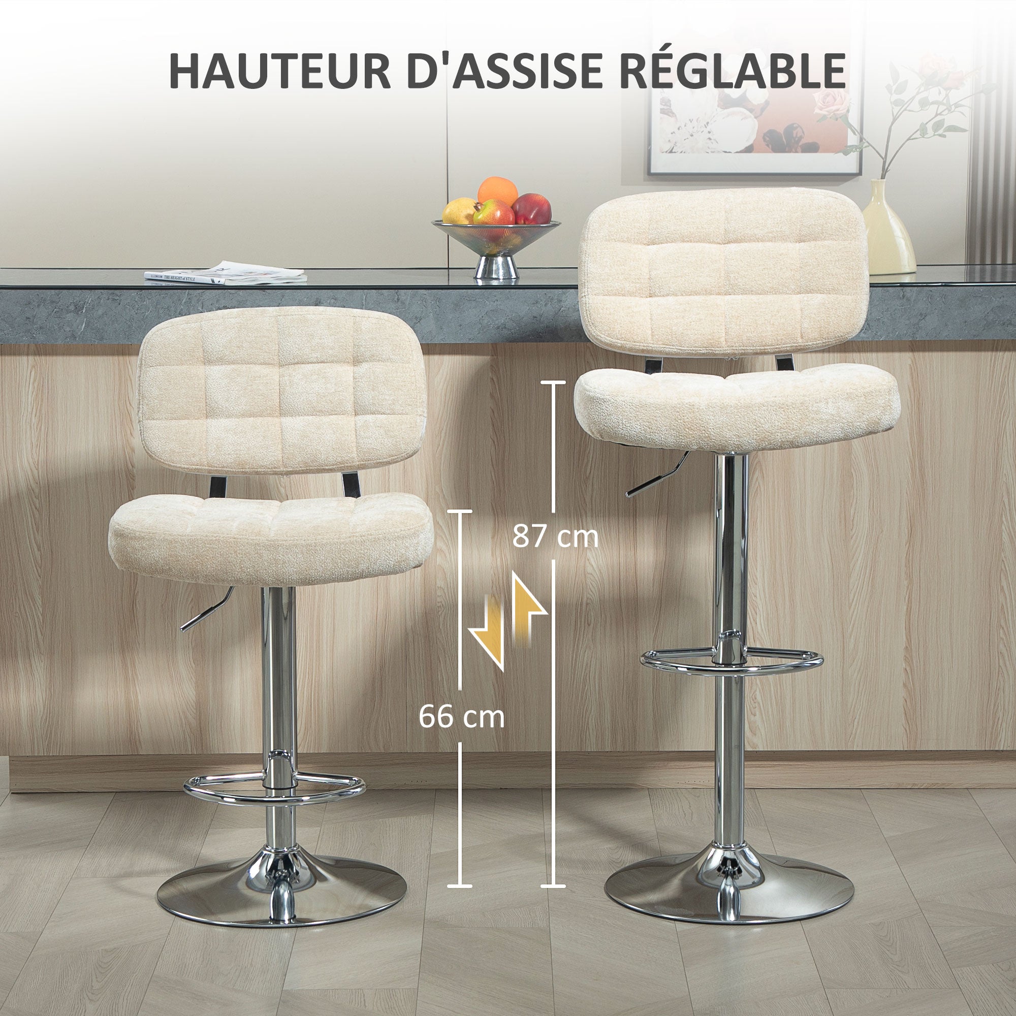 Lot de 2 tabourets de bar, chaises de bar pivotantes, chaise haute cuisine avec dossier, hauteur réglable et repose-pieds, cadre en acier, charge 120 Kg, beige