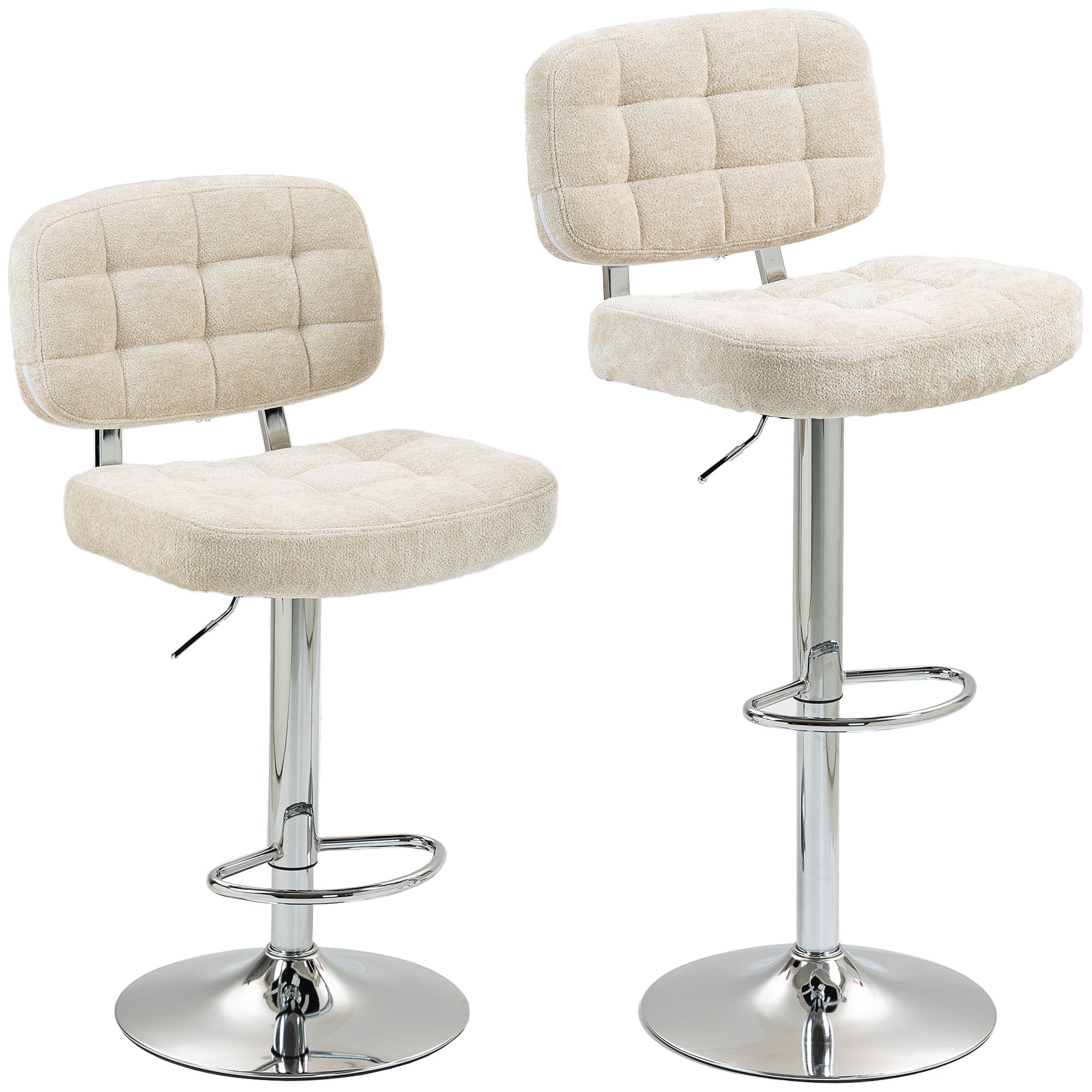 Lot de 2 tabourets de bar, chaises de bar pivotantes, chaise haute cuisine avec dossier, hauteur réglable et repose-pieds, cadre en acier, charge 120 Kg, beige