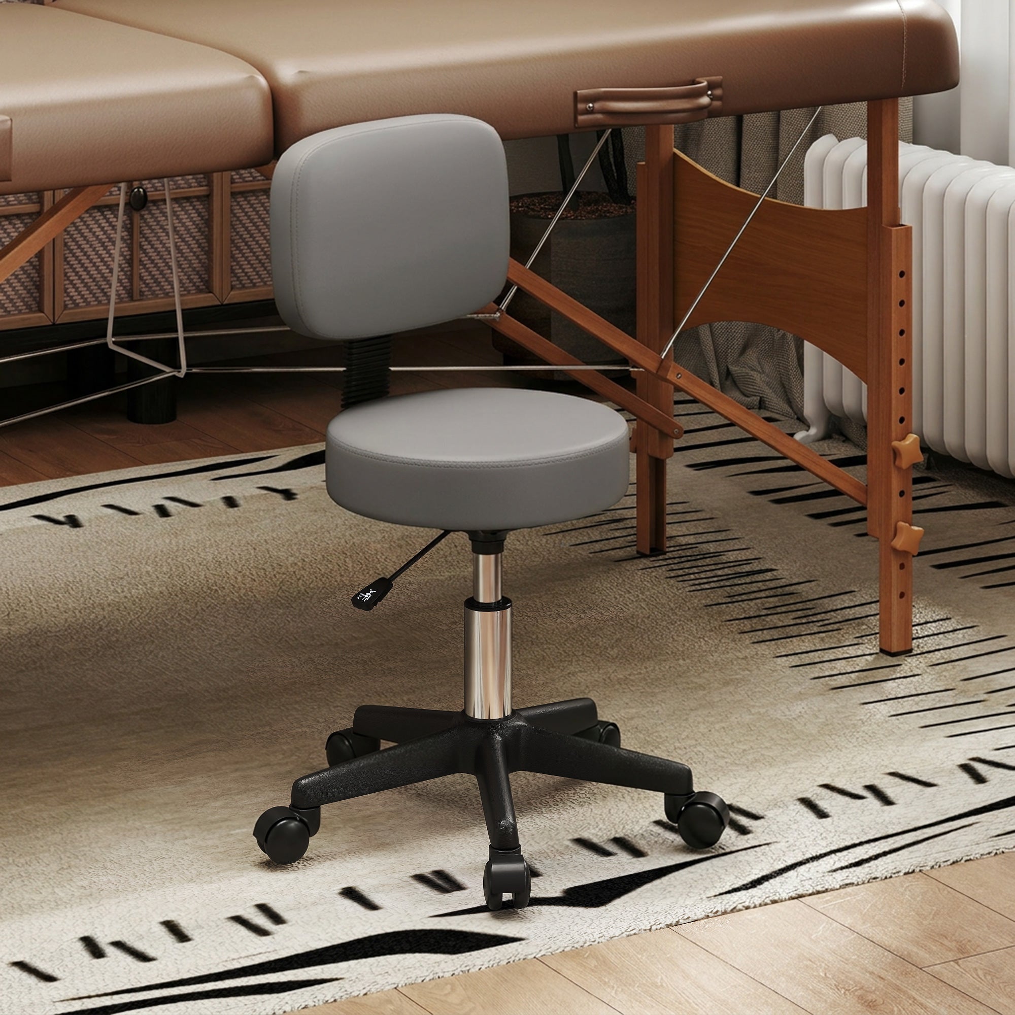 Tabouret massage a roulettes reglable en hauteur pivotant avec dossier ergonomique gris