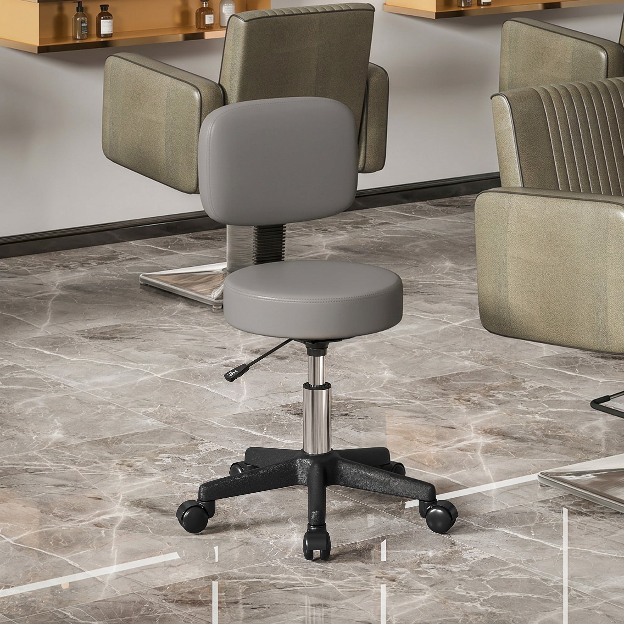 Tabouret massage a roulettes reglable en hauteur pivotant avec dossier ergonomique gris