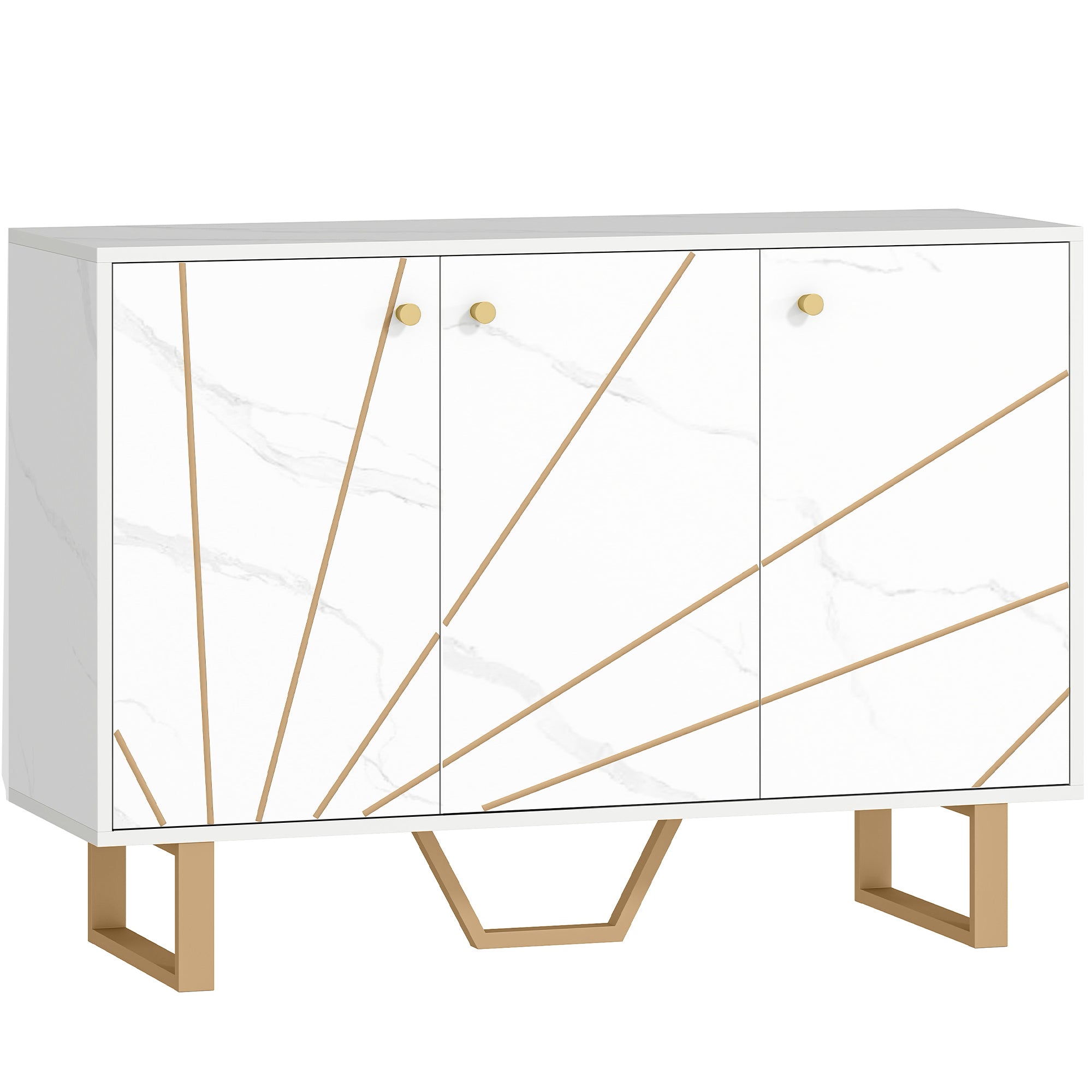 Meuble de rangement buffet salon avec 2 placards 3 portes et étagère réglable, pieds en métal - dim. 107L x 35l x 75H cm, aspect marbre blanc