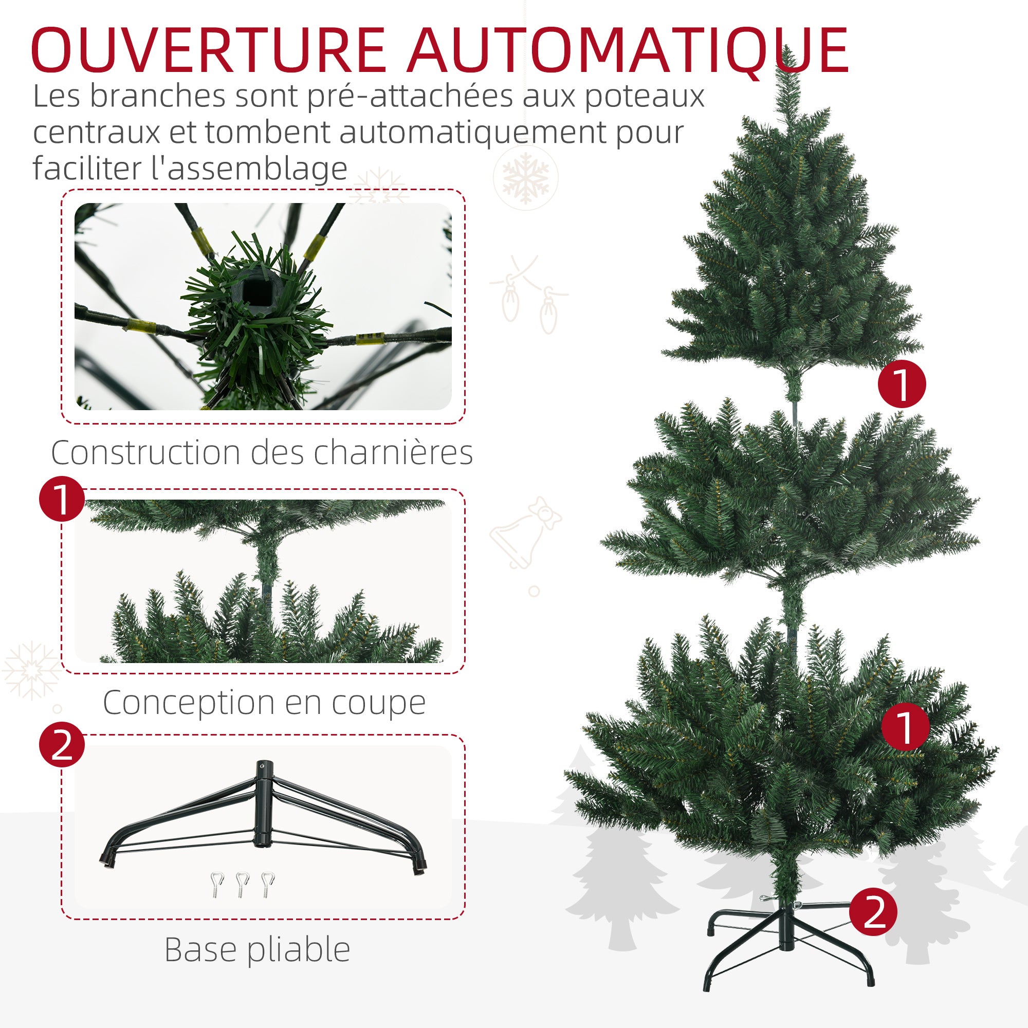 Sapin de Noël artificiel 120H cm 305 branches avec pied croix acier amovible - vert