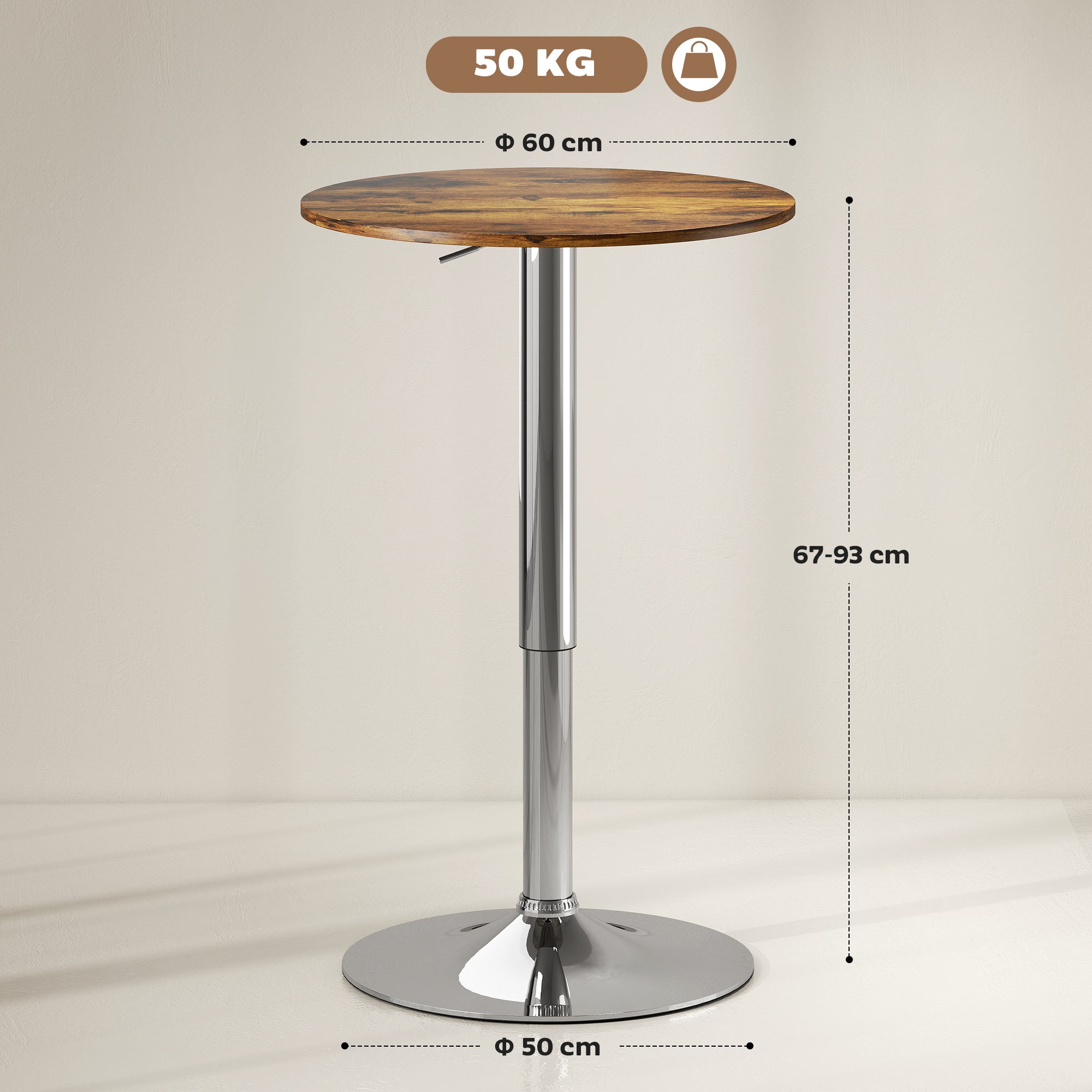 Table de Bar Table Bistro Mange-debout Chic Style Contemporain Hauteur réglable 67-93 cm Ø 60 cm Plateau pivotant 360° métal chromé marron
