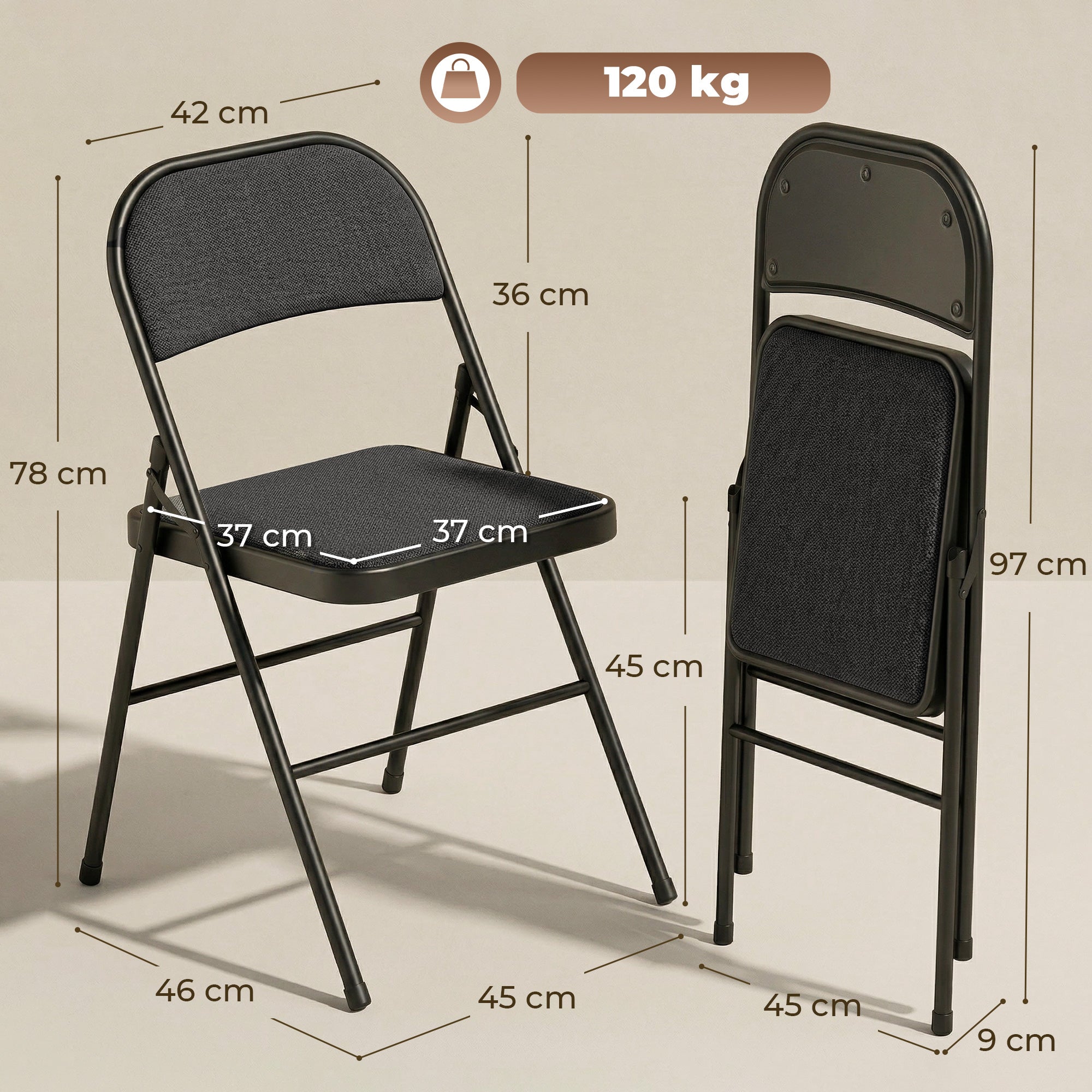Lot de 2 chaises pliantes chaises de salle à manger portables chaise pliable d'intérieur avec coussin en lin et cadre en acier dim. 45l x 46P x 78H cm noir