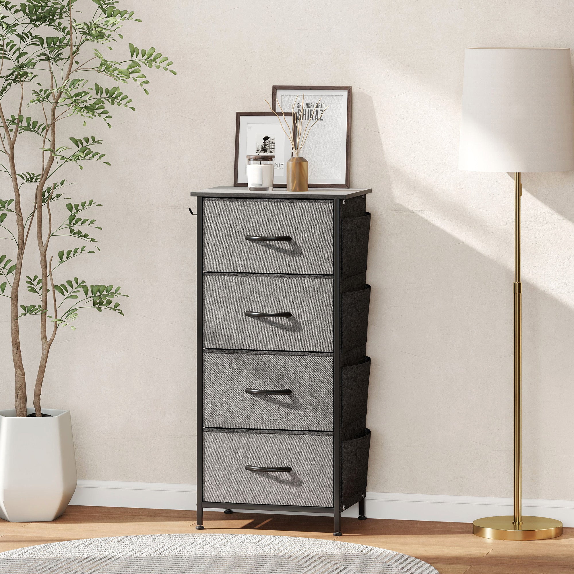 Commode 4 tiroirs en tissu, meuble de rangement avec 4 poches, 2 crochets, structure en acier, chiffonnier pour salon, chambre, entrée, gris