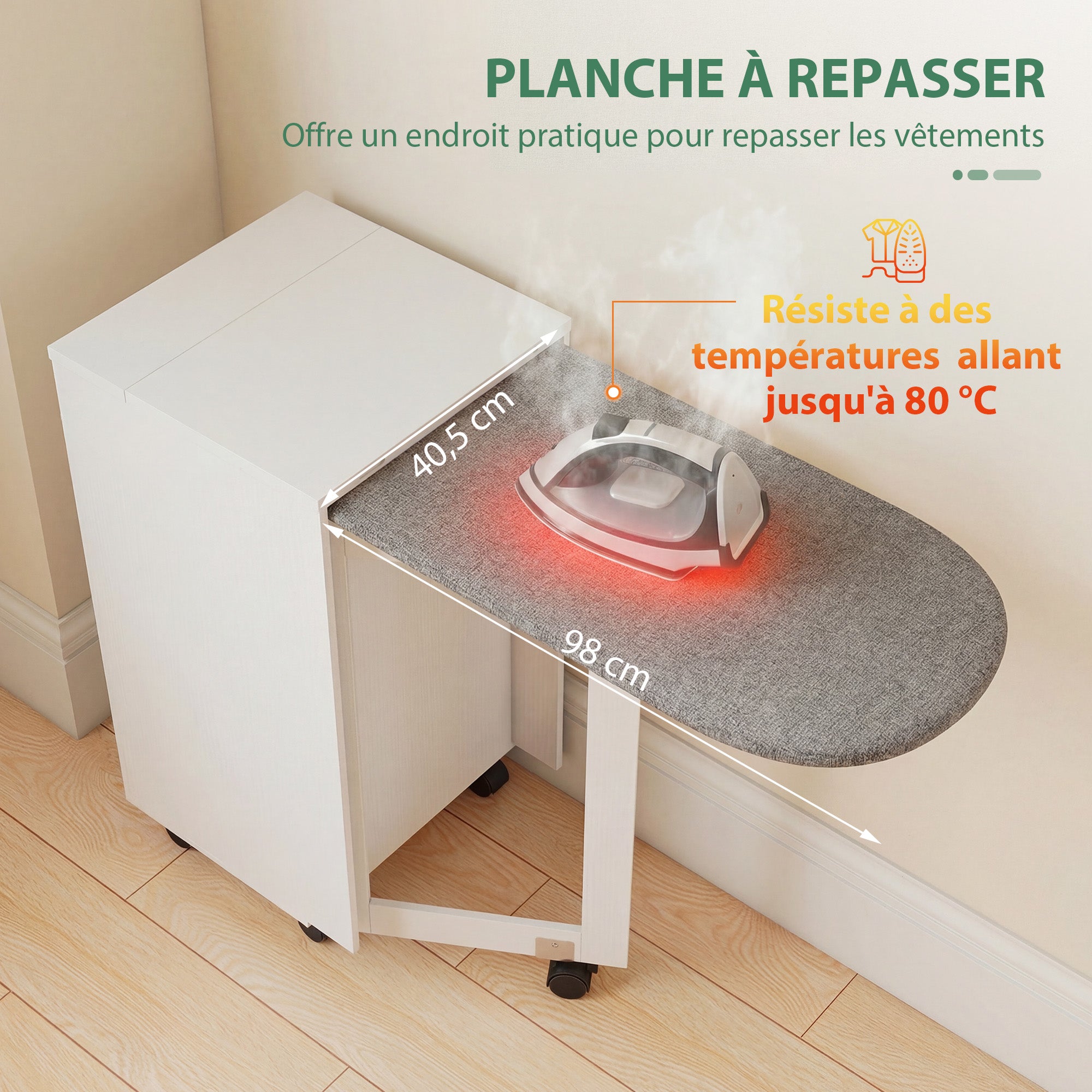 Meuble à repasser 2 en 1, table à repasser pliante sur roulettes avec étagère réglable et charnières à fermeture douce, meuble rangement pour petits espaces, buanderie, 128 x 43 x 83 cm, blanc
