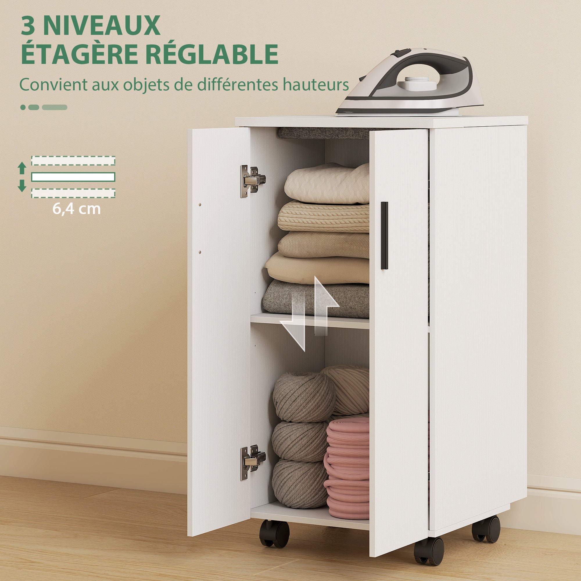 Meuble à repasser 2 en 1, table à repasser pliante sur roulettes avec étagère réglable et charnières à fermeture douce, meuble rangement pour petits espaces, buanderie, 128 x 43 x 83 cm, blanc