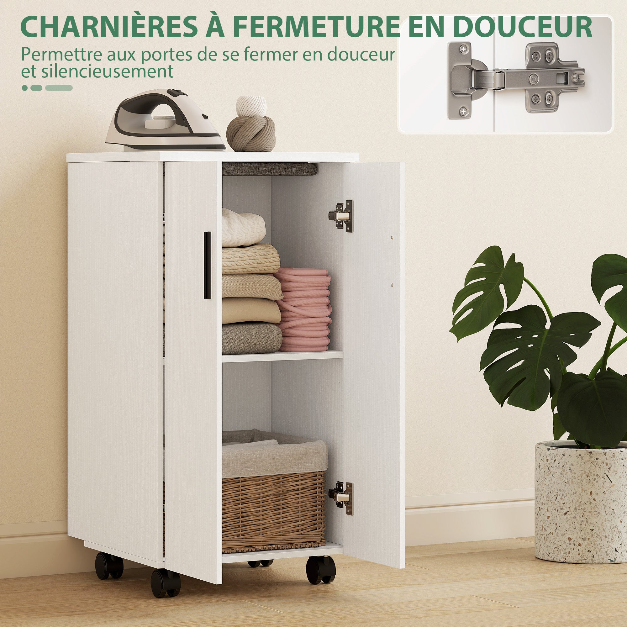 Meuble à repasser 2 en 1, table à repasser pliante sur roulettes avec étagère réglable et charnières à fermeture douce, meuble rangement pour petits espaces, buanderie, 128 x 43 x 83 cm, blanc