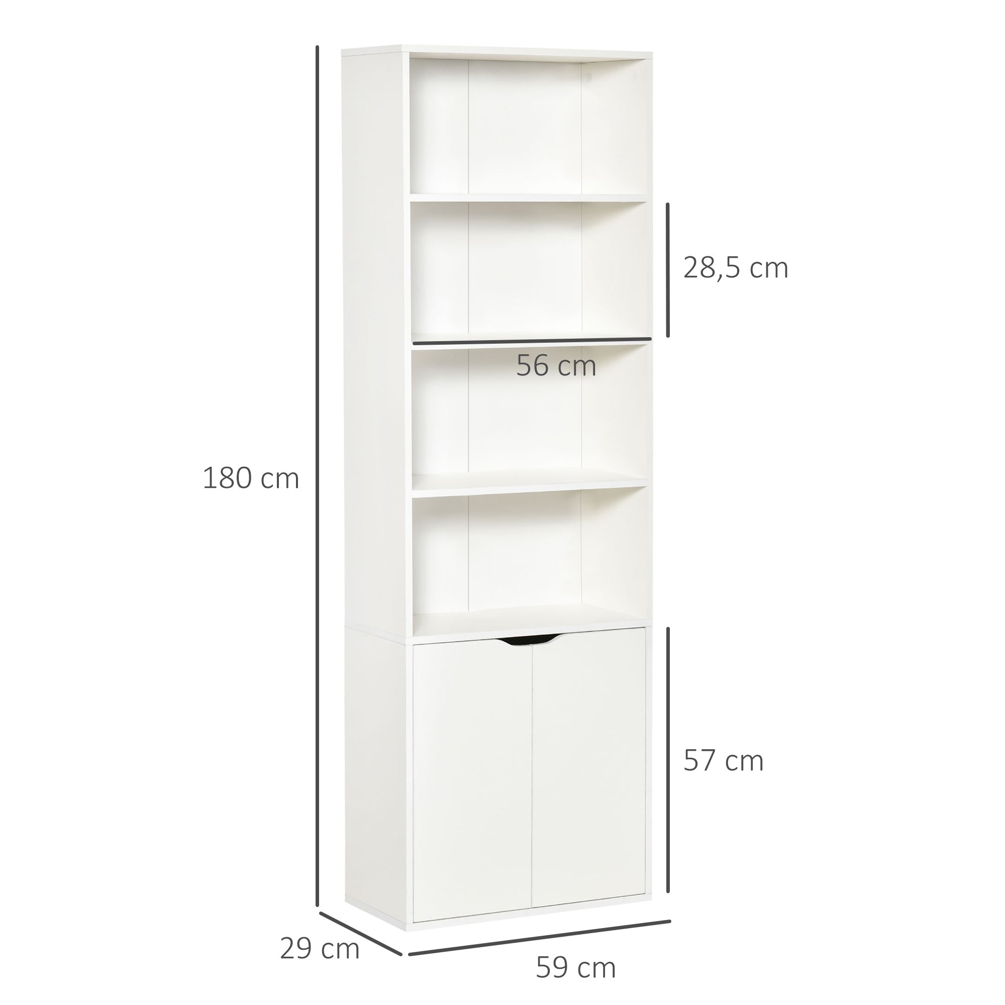 Bibliothèque à 6 niveaux, meuble de rangement, étagère à livres 59 x 29 x 180 cm avec 4 compartiments ouverts et 2 portes, étagère de rangement pour salon, chambre, bureau, blanc