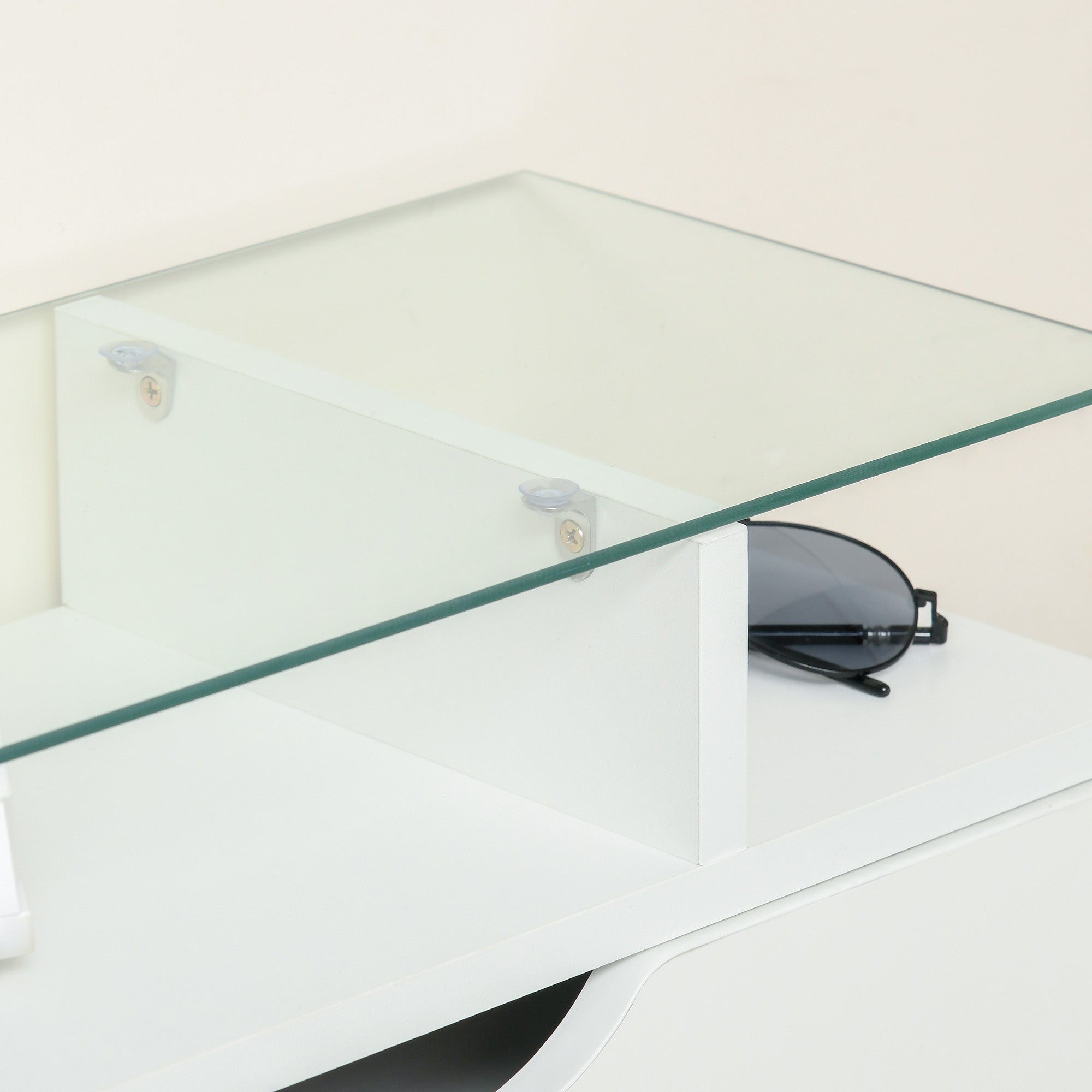 Armoire à Chaussures avec 2 tiroirs rabattables + 1 tiroir Coulissant + 1 comptoir et 1 Plateau en Verre étagère réglable sur 2 Niveaux 89 x 23 x 96 cm blanc