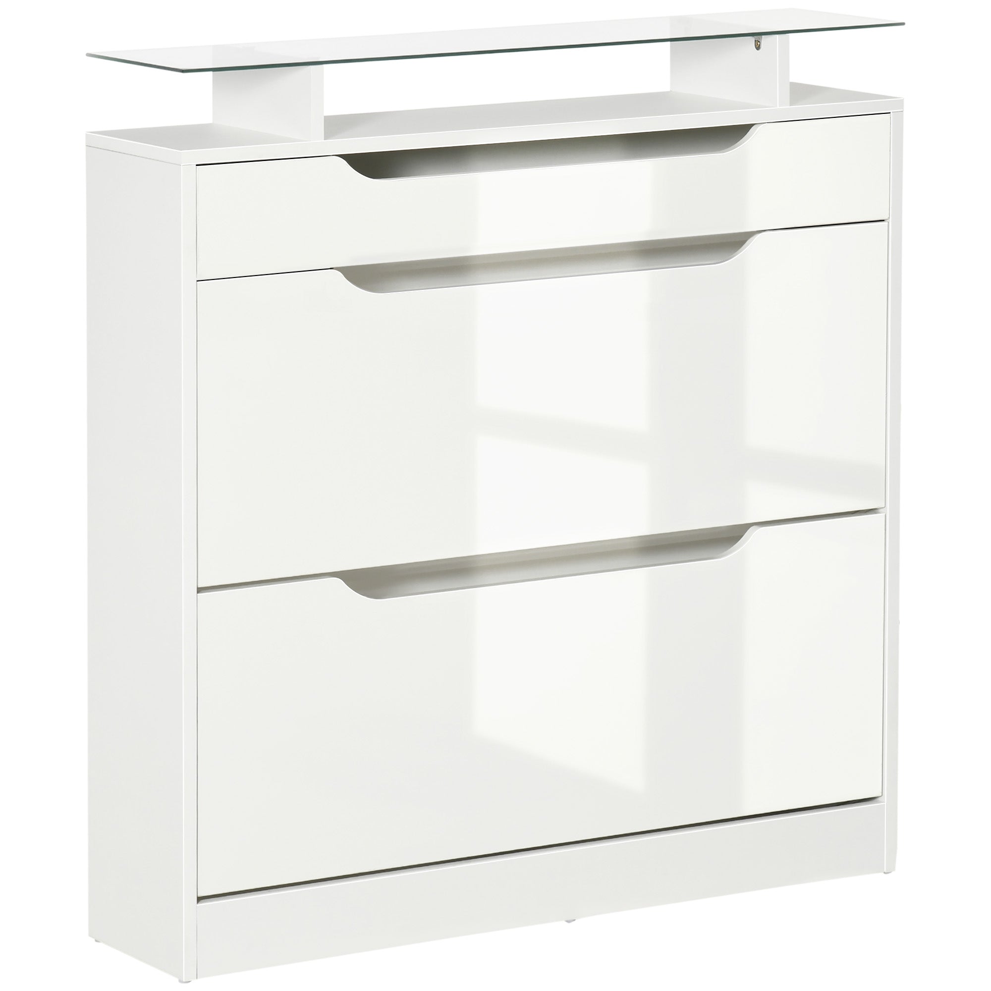 Armoire à Chaussures avec 2 tiroirs rabattables + 1 tiroir Coulissant + 1 comptoir et 1 Plateau en Verre étagère réglable sur 2 Niveaux 89 x 23 x 96 cm blanc
