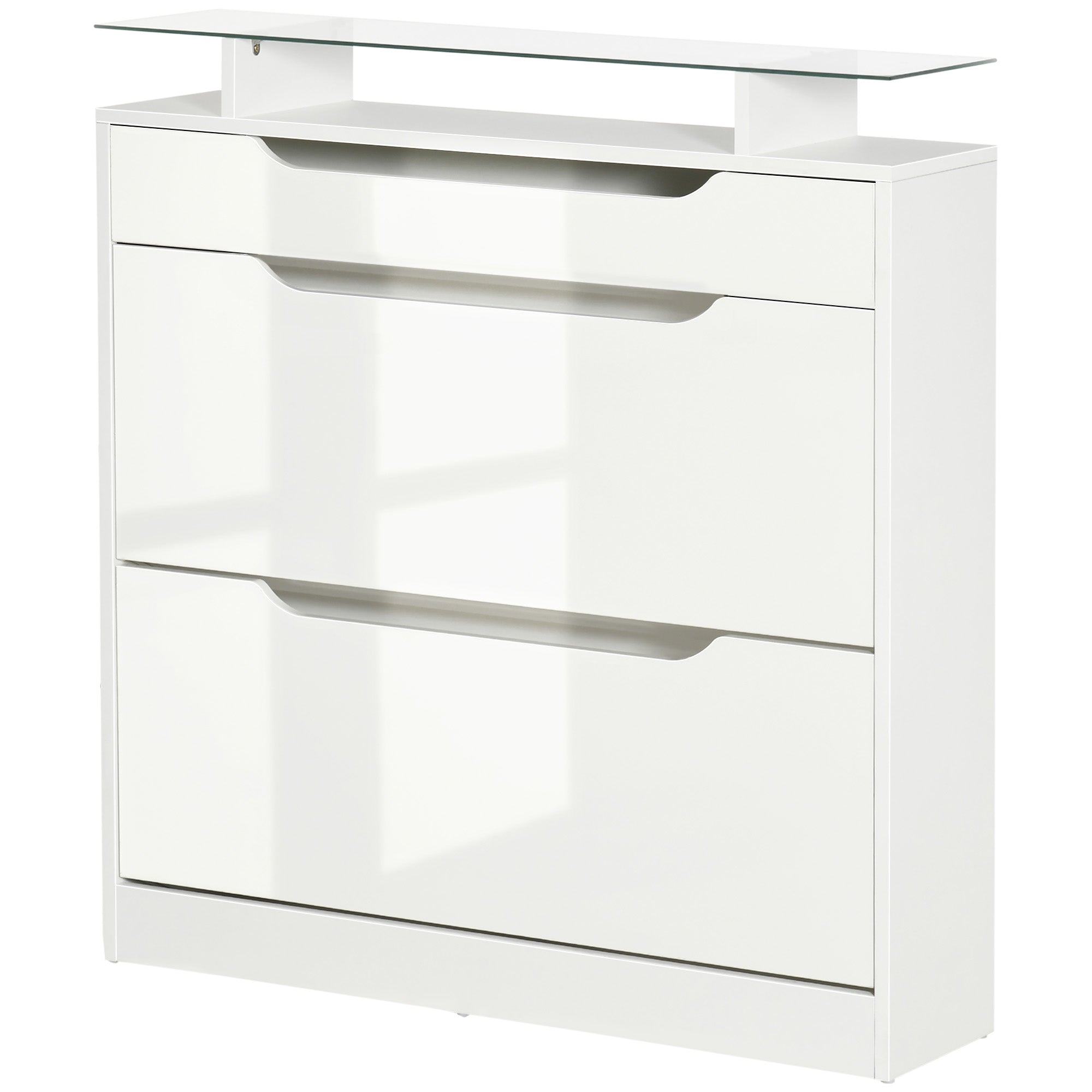 Armoire à Chaussures avec 2 tiroirs rabattables + 1 tiroir Coulissant + 1 comptoir et 1 Plateau en Verre étagère réglable sur 2 Niveaux 89 x 23 x 96 cm blanc