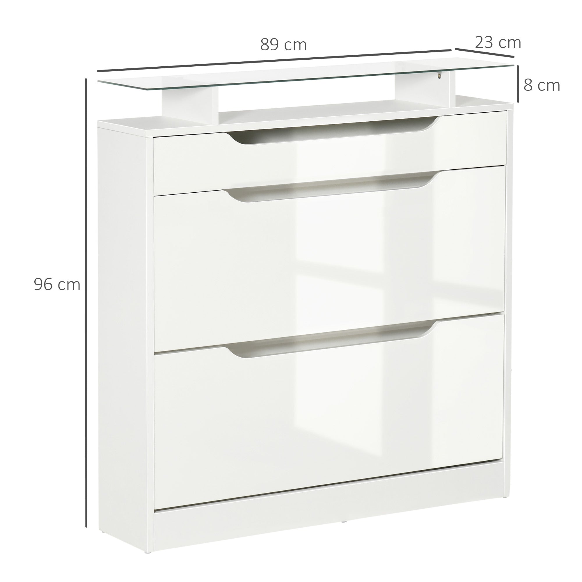 Armoire à Chaussures avec 2 tiroirs rabattables + 1 tiroir Coulissant + 1 comptoir et 1 Plateau en Verre étagère réglable sur 2 Niveaux 89 x 23 x 96 cm blanc