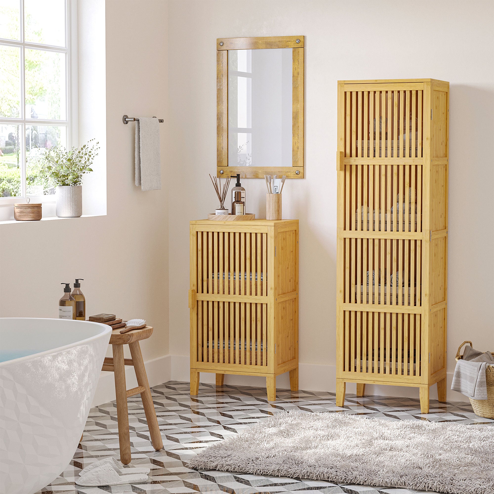 Meuble de rangement en bambou armoire de rangement avec 4 niveaux et porte design à lamelles pour salle de bain chambre salon 40 x 30 x 140 cm