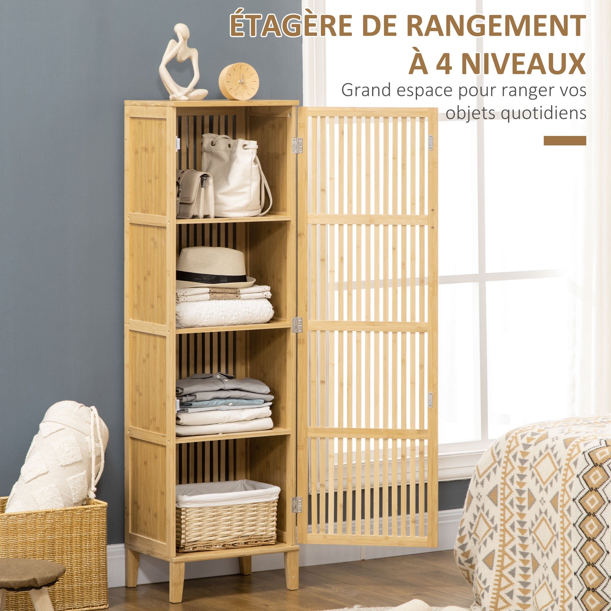 Meuble de rangement en bambou armoire de rangement avec 4 niveaux et porte design à lamelles pour salle de bain chambre salon 40 x 30 x 140 cm