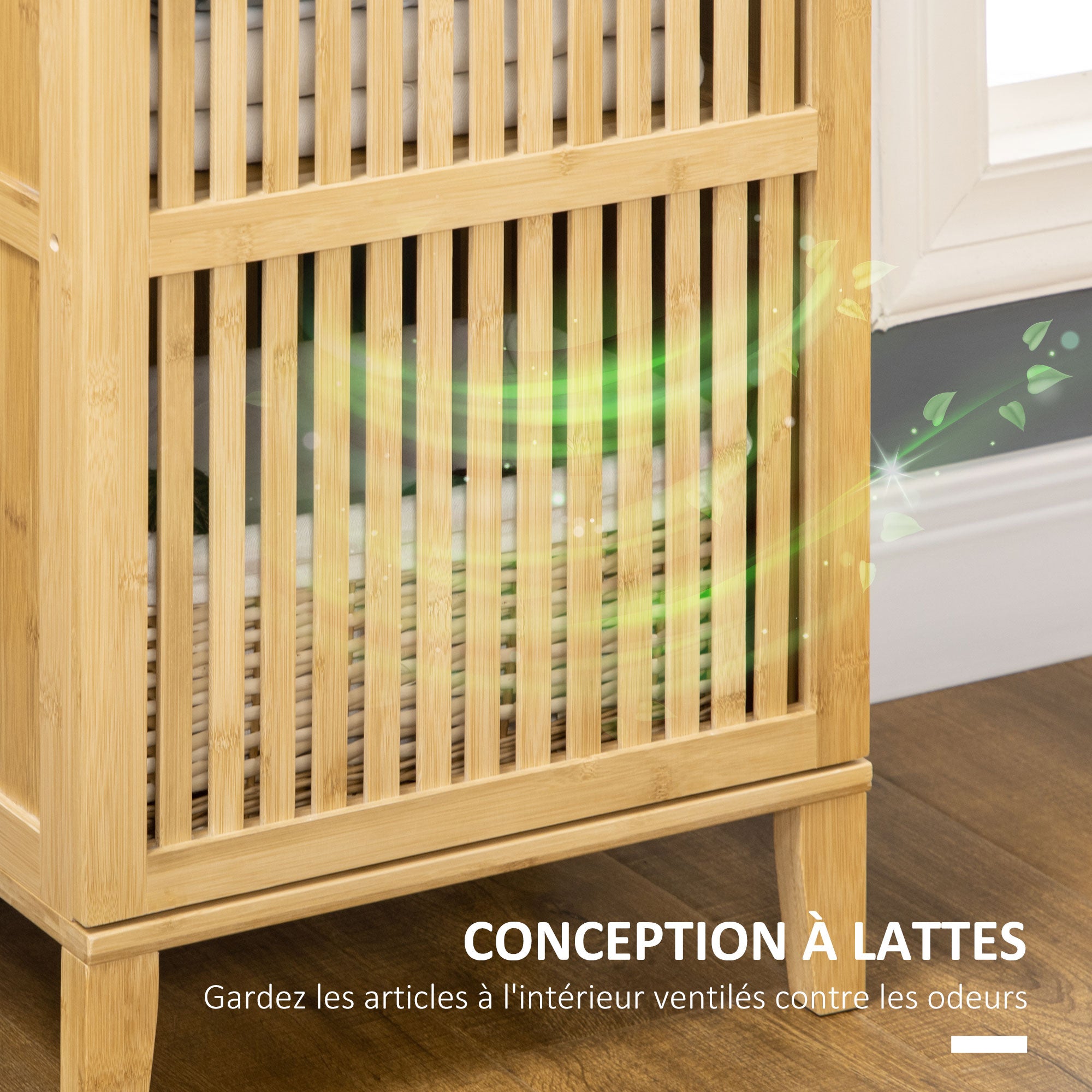 Meuble de rangement en bambou armoire de rangement avec 4 niveaux et porte design à lamelles pour salle de bain chambre salon 40 x 30 x 140 cm
