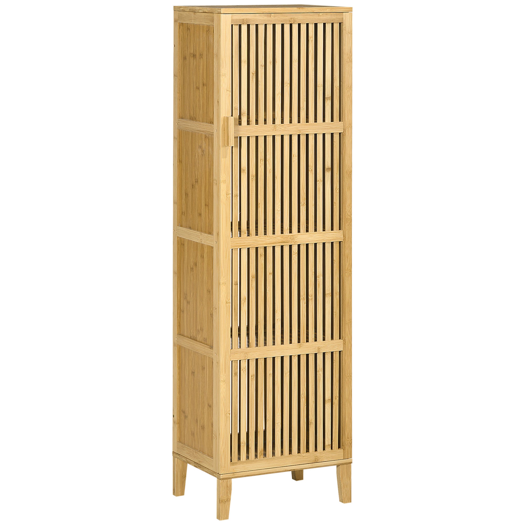Meuble de rangement en bambou armoire de rangement avec 4 niveaux et porte design à lamelles pour salle de bain chambre salon 40 x 30 x 140 cm