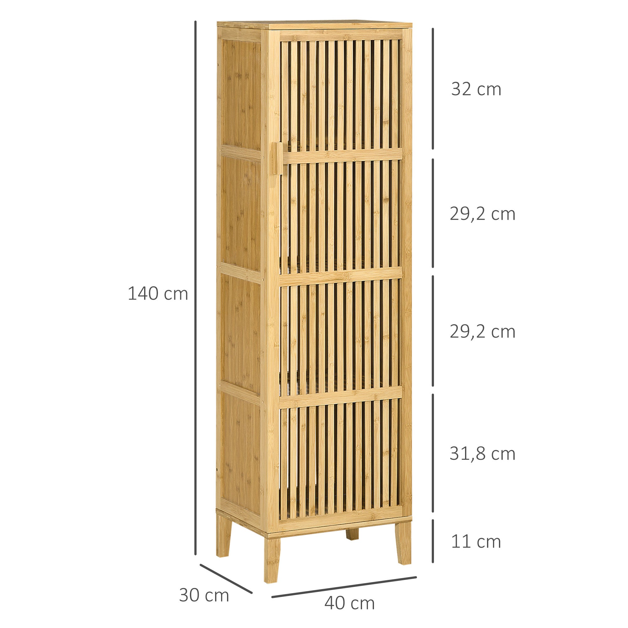 Meuble de rangement en bambou armoire de rangement avec 4 niveaux et porte design à lamelles pour salle de bain chambre salon 40 x 30 x 140 cm