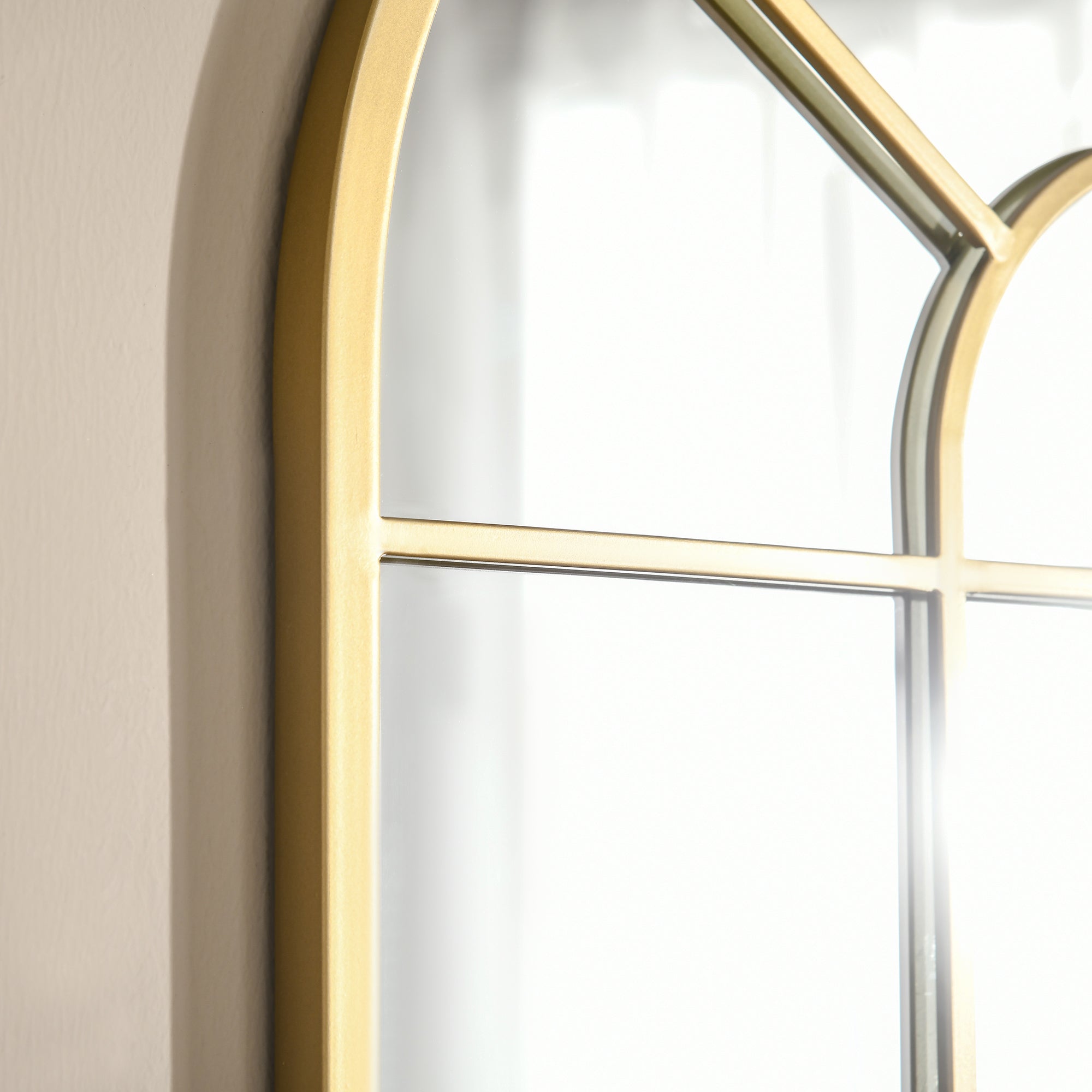 Miroir mural arqué 70 x 50 cm, miroir verrière arche style industriel, miroir de fenêtre arqué avec cadre métallique, pour salon, chambre, couloir, doré