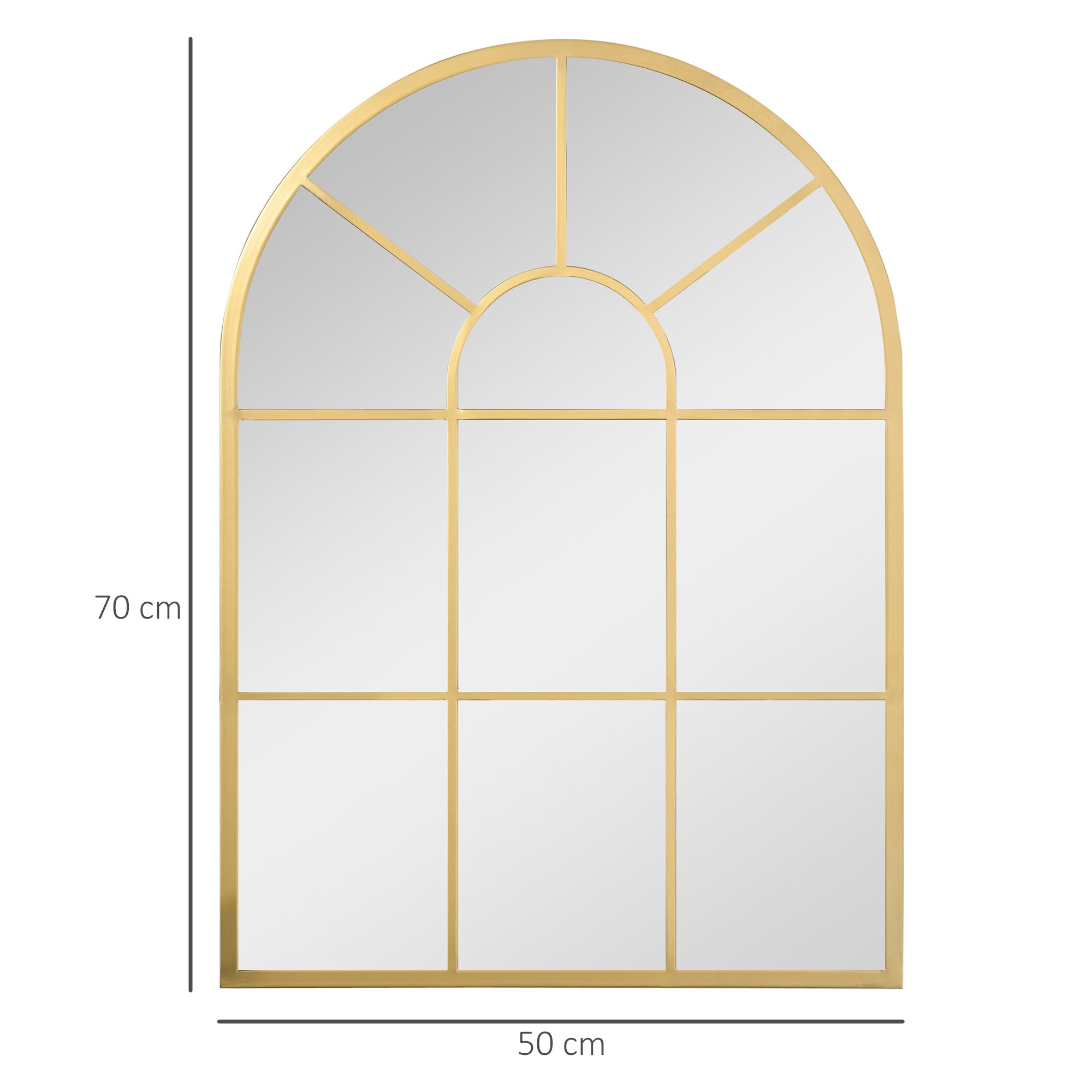 Miroir mural arqué 70 x 50 cm, miroir verrière arche style industriel, miroir de fenêtre arqué avec cadre métallique, pour salon, chambre, couloir, doré