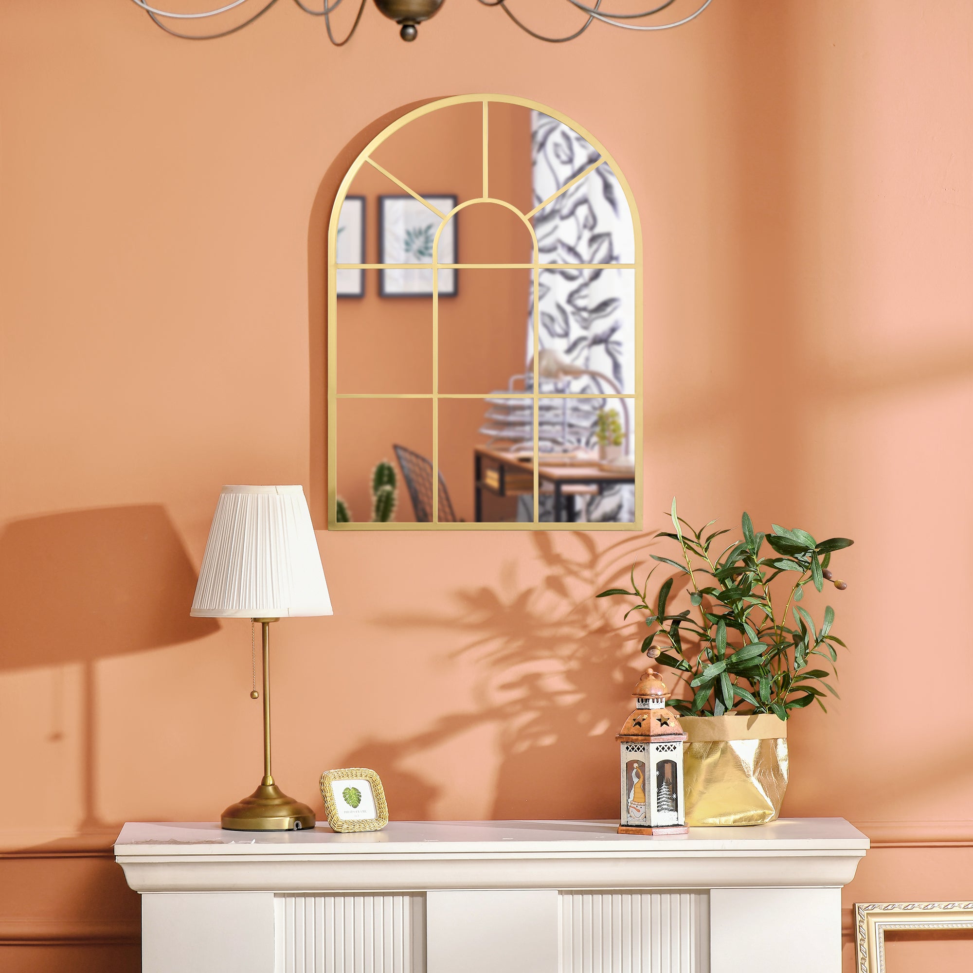 Miroir mural arqué 70 x 50 cm, miroir verrière arche style industriel, miroir de fenêtre arqué avec cadre métallique, pour salon, chambre, couloir, doré