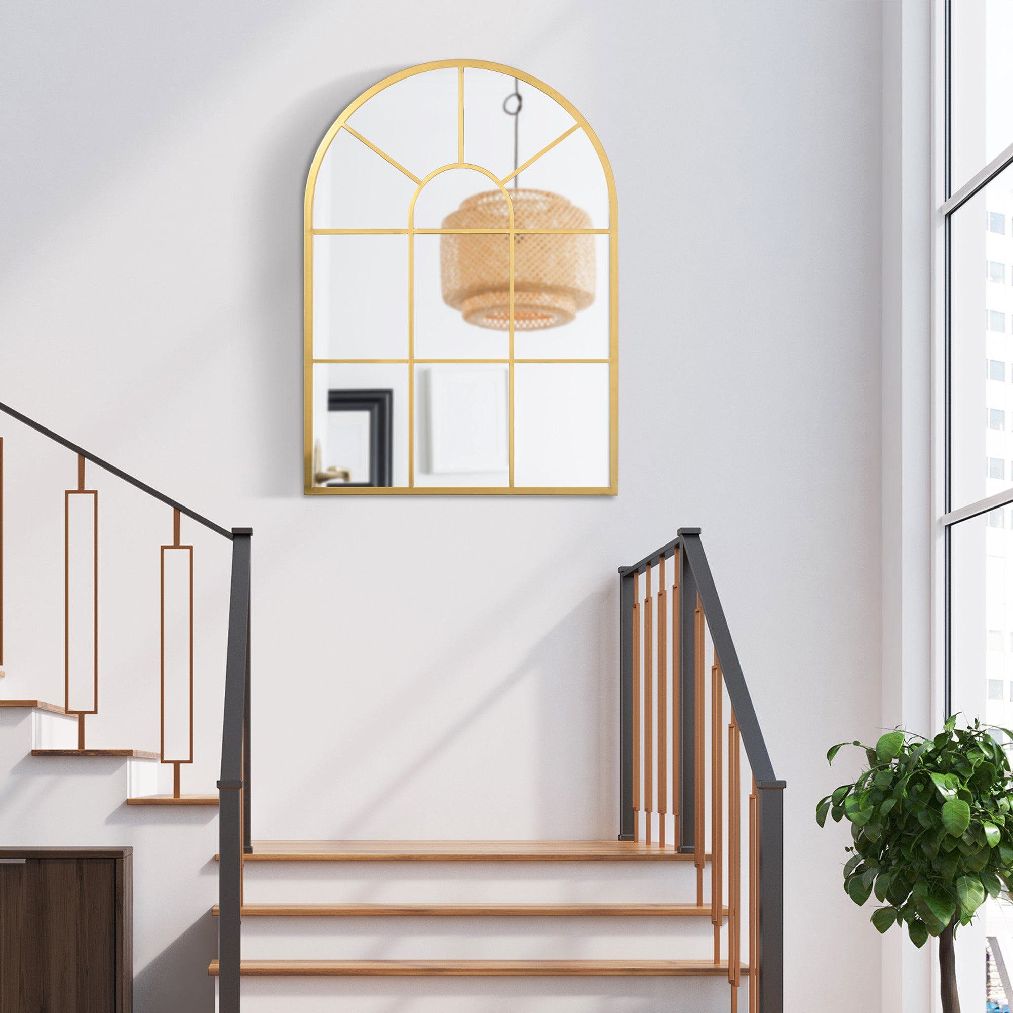 Miroir mural arqué 70 x 50 cm, miroir verrière arche style industriel, miroir de fenêtre arqué avec cadre métallique, pour salon, chambre, couloir, doré