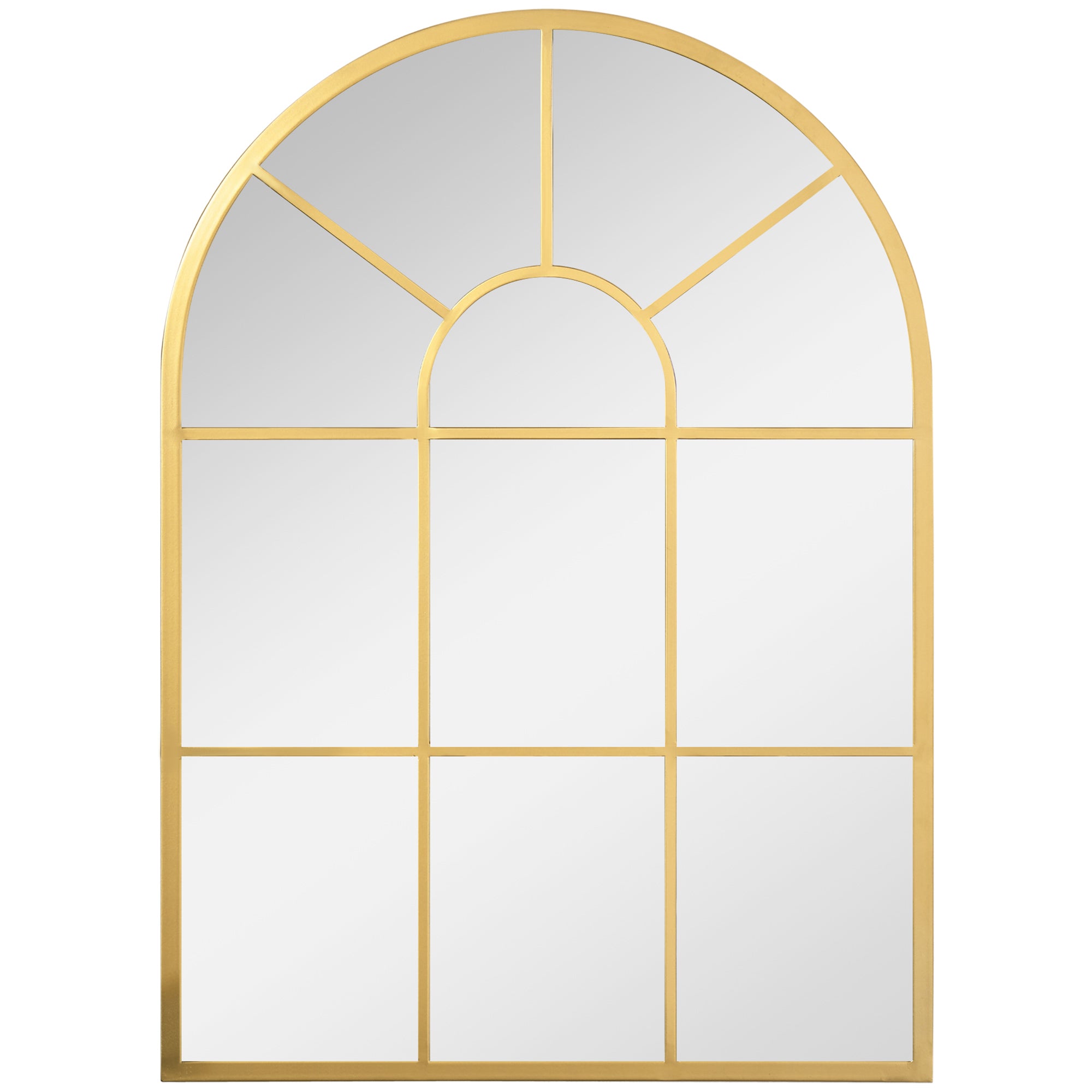 Miroir mural arqué 70 x 50 cm, miroir verrière arche style industriel, miroir de fenêtre arqué avec cadre métallique, pour salon, chambre, couloir, doré