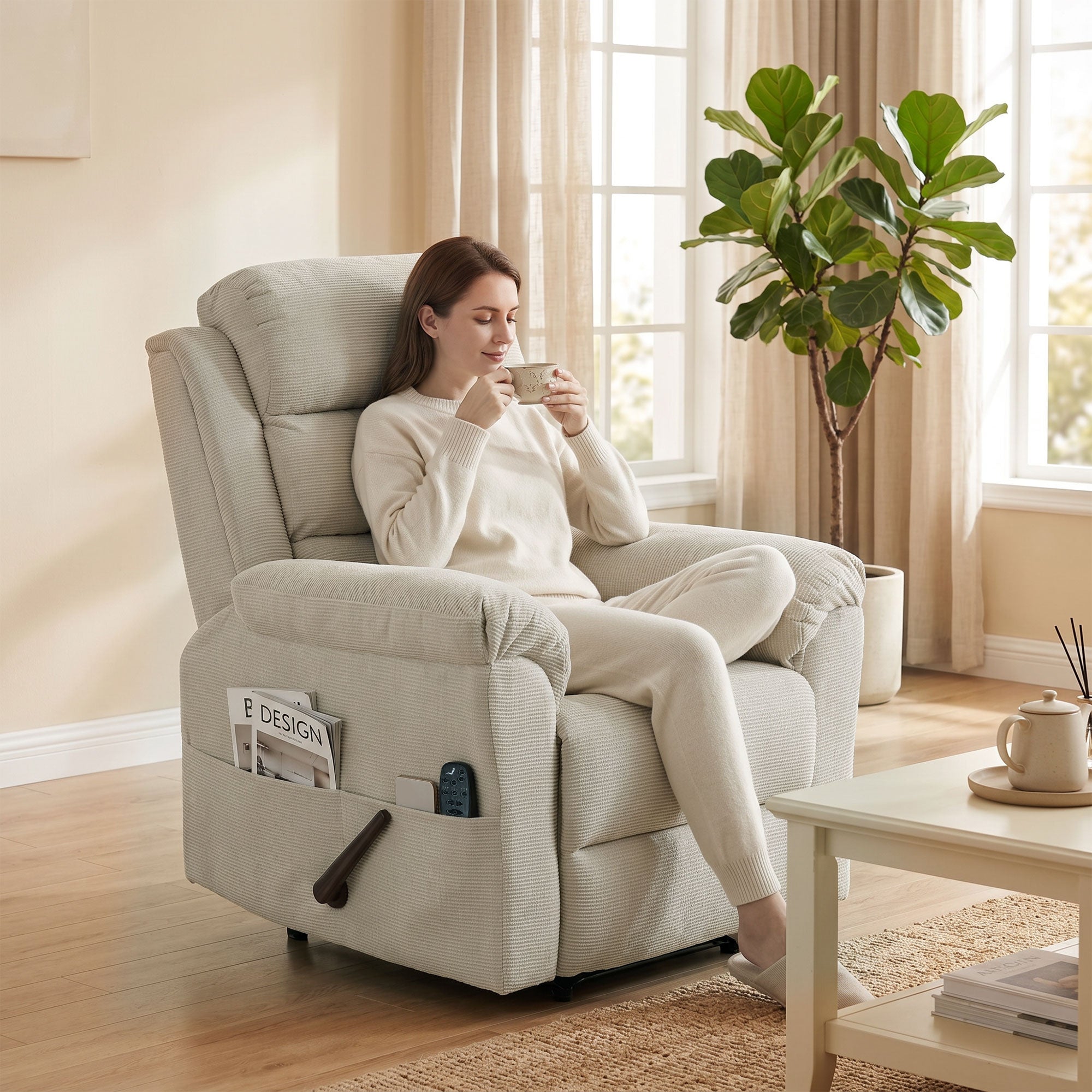 Fauteuil Inclinable de Massage et Chauffage, Fauteuil de Relaxation en Chenille, Appuie-tête Réglable 4 Poches Latérales Assise à Ressorts Repose-Pied, Montage Facile, pour Salon Chambre, Crème