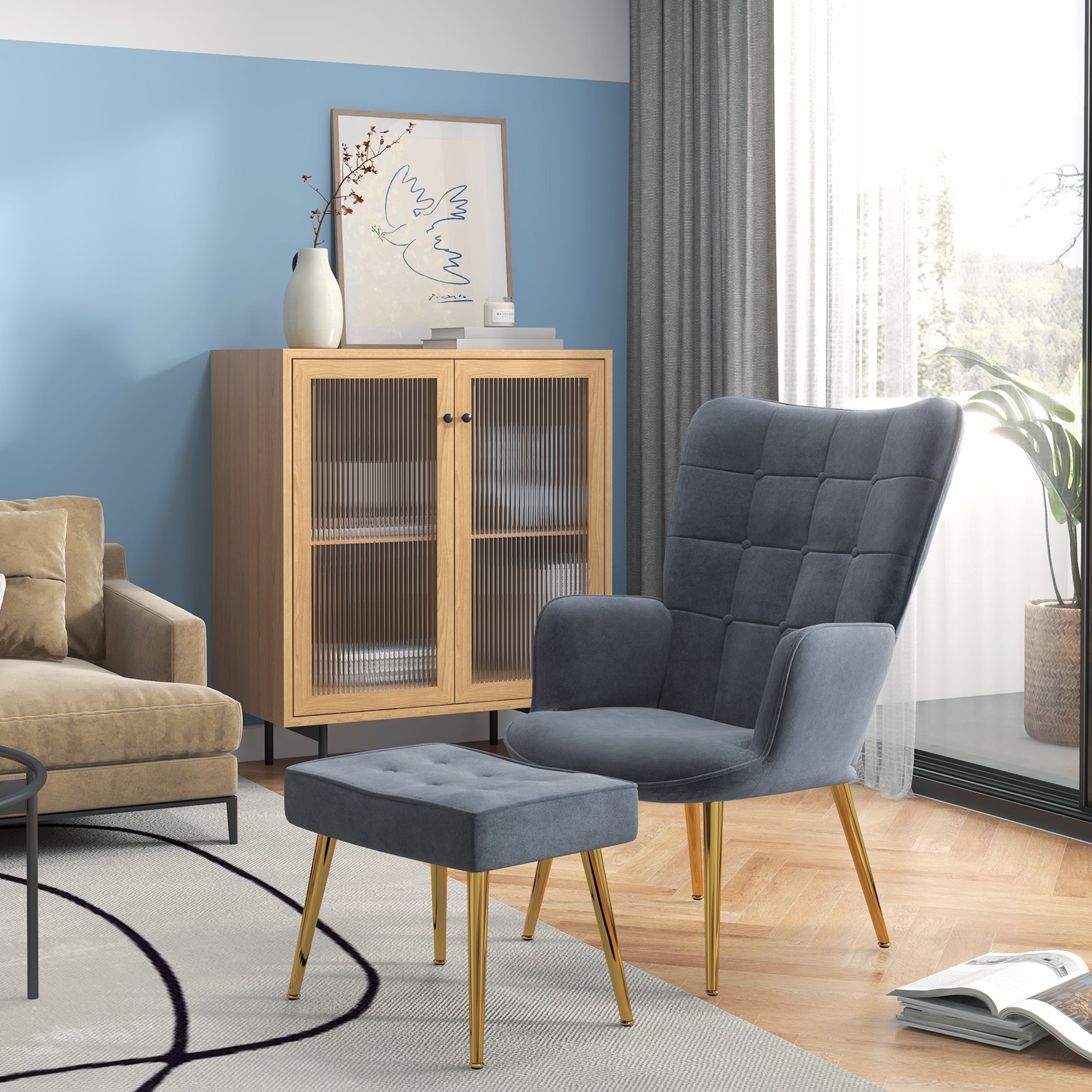 Fauteuil avec repose-pied, fauteuil salon capitonné avec dossier haut, pieds en acier doré et tissu velours, pour salon, chambre à coucher, gris foncé