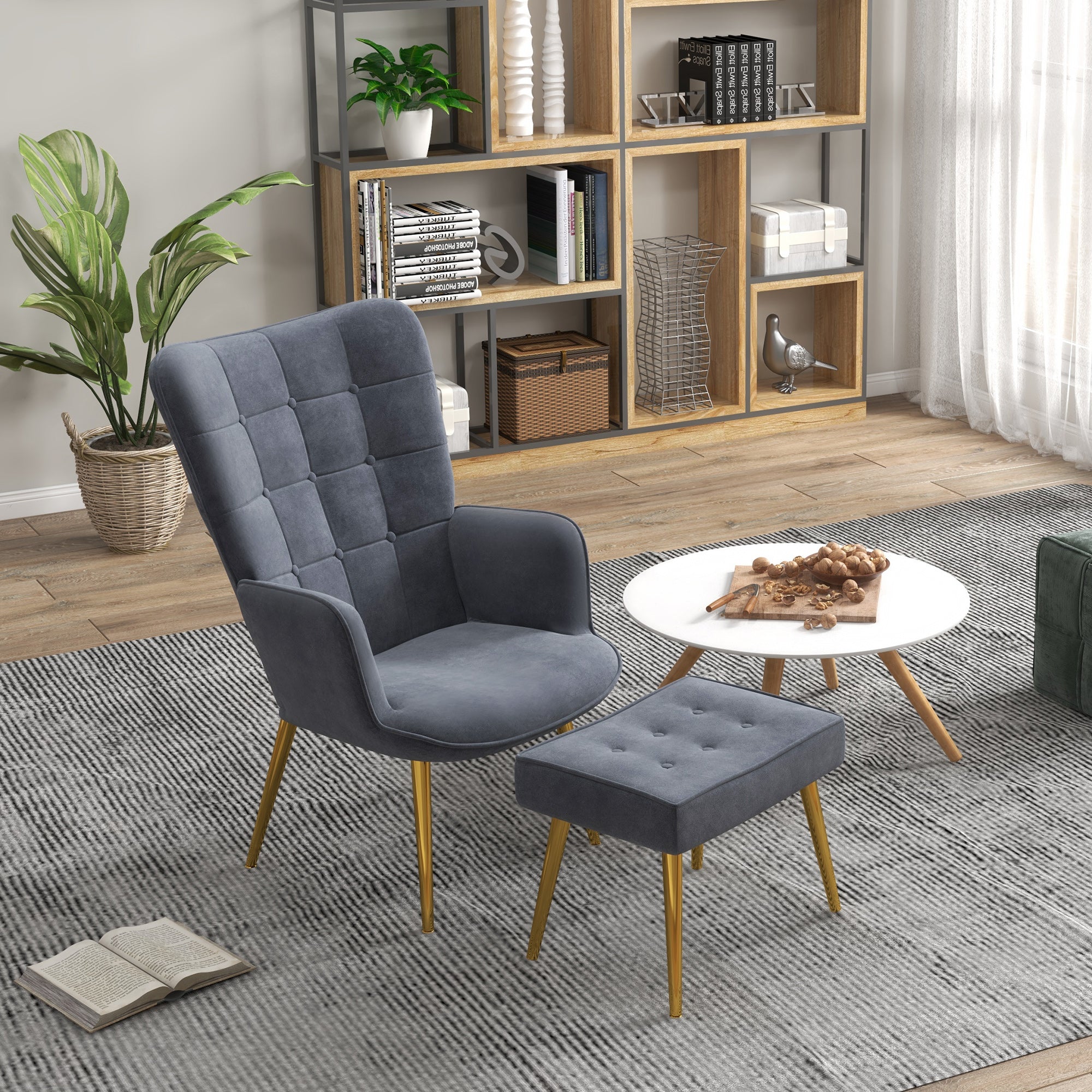Fauteuil avec repose-pied, fauteuil salon capitonné avec dossier haut, pieds en acier doré et tissu velours, pour salon, chambre à coucher, gris foncé