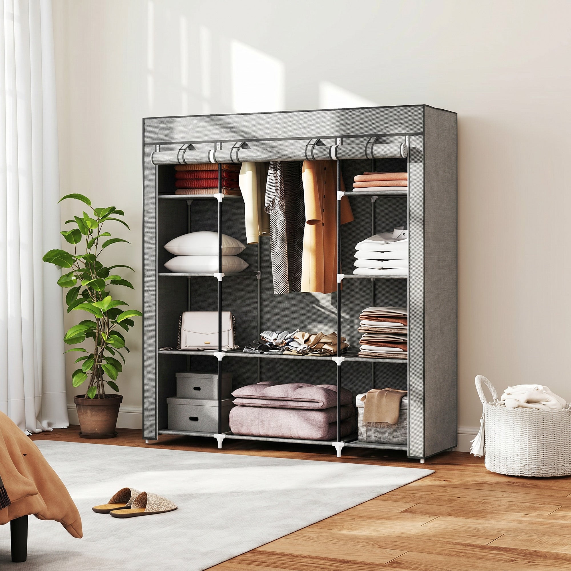Armoire de rangement penderie en tissu, armoire chambre pliable, penderie vêtement avec barre de suspension et étagères pour vestiaire, chambre, dressing, 150 x 43 x 162,5 cm, gris clair