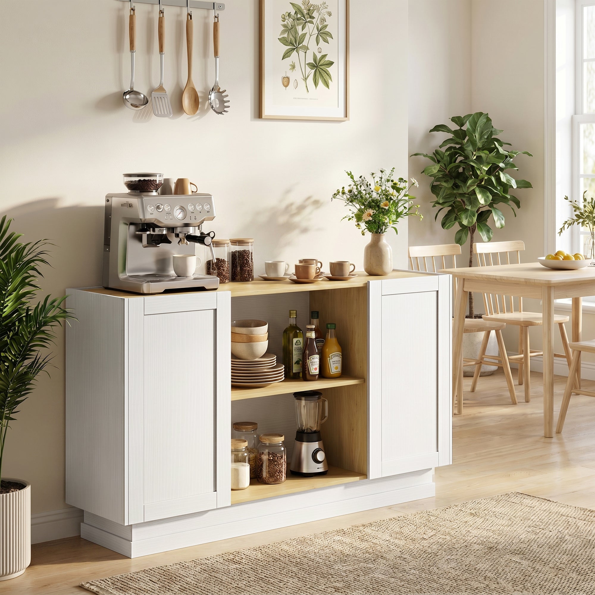 Buffet Cuisine, Meuble de Rangement avec 2 Portes et 2 Étagères Ouvertes, Style Rustique, Buffet Salle à Manger, Salon et Chambre, 133 x 35 x 79,7 cm, Bois Naturel et Blanc