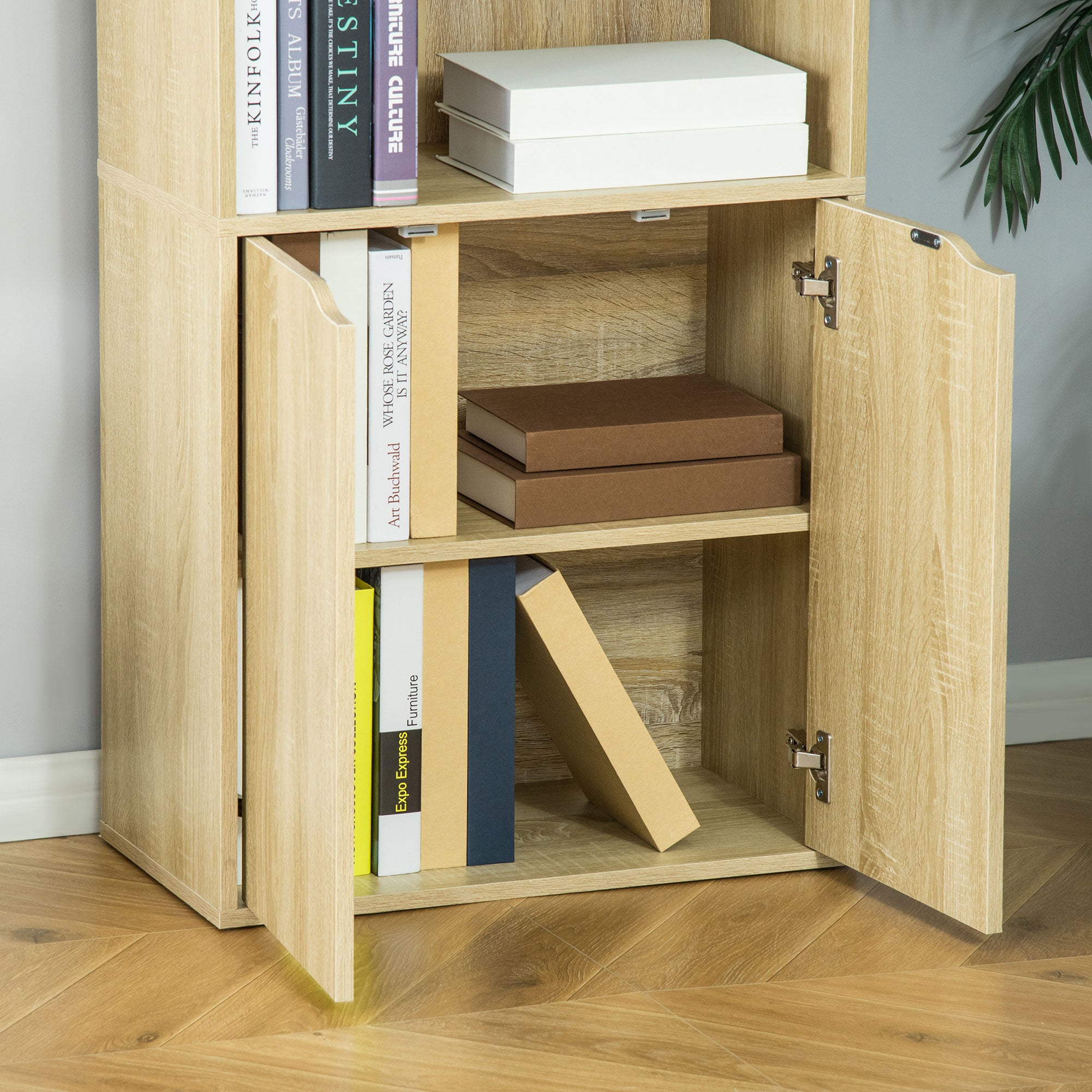 Bibliothèque à 6 niveaux, meuble de rangement, étagère à livres 59 x 29 x 180 cm avec 4 compartiments ouverts et 2 portes, étagère de rangement pour salon, chambre, bureau, bois naturel