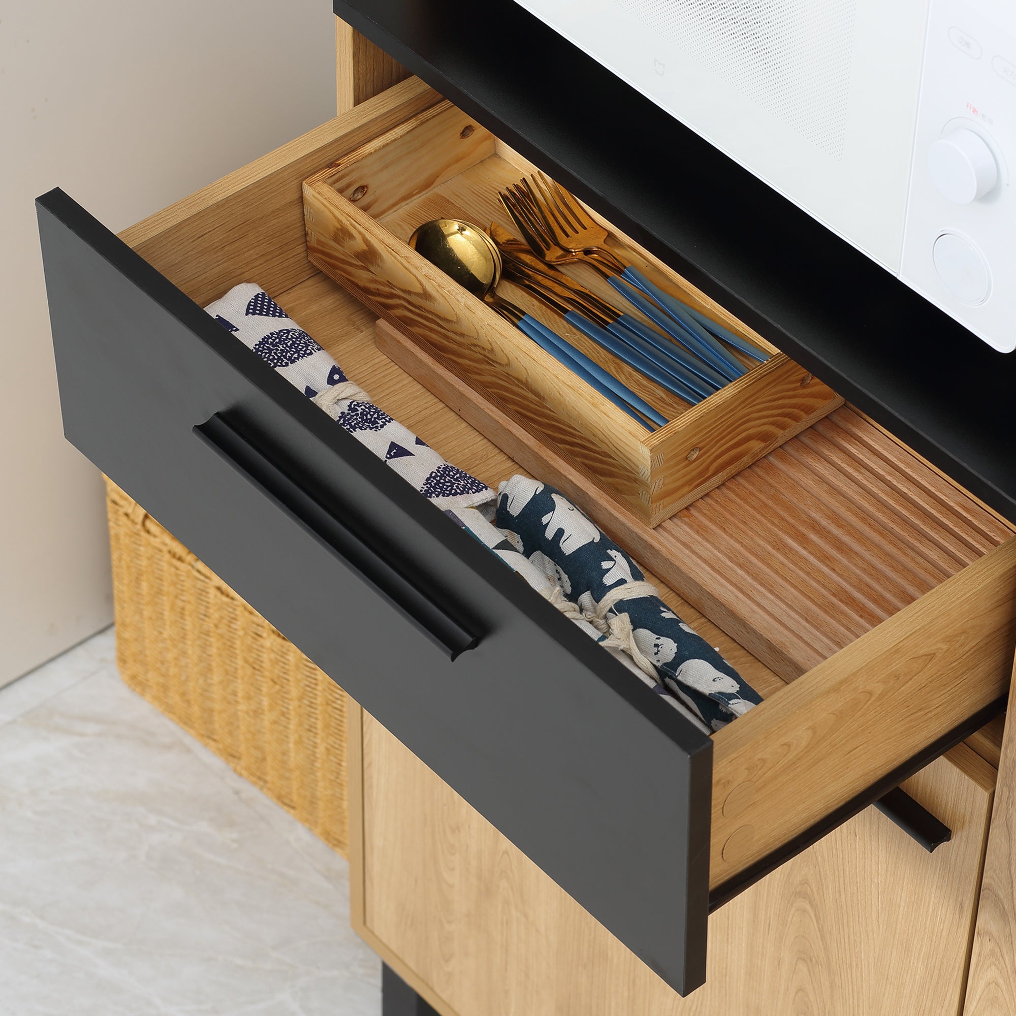 Buffet de cuisine armoire de cuisine multi-rangements avec un tiroir, 3 placards, 4 niches et passe-câbles hauteur 180 cm