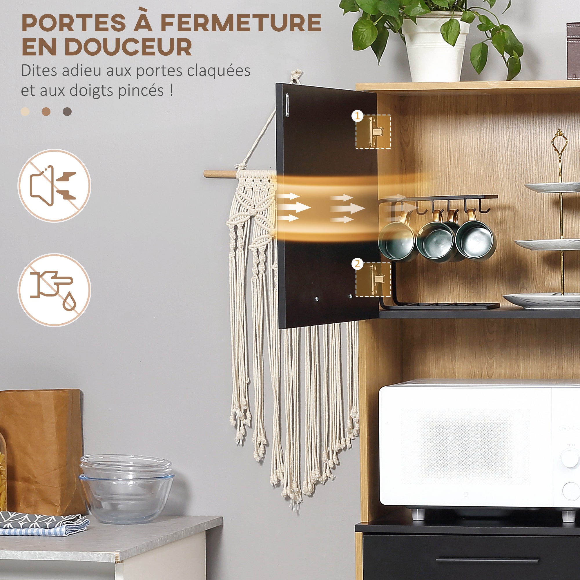 Buffet de cuisine armoire de cuisine multi-rangements avec un tiroir, 3 placards, 4 niches et passe-câbles hauteur 180 cm