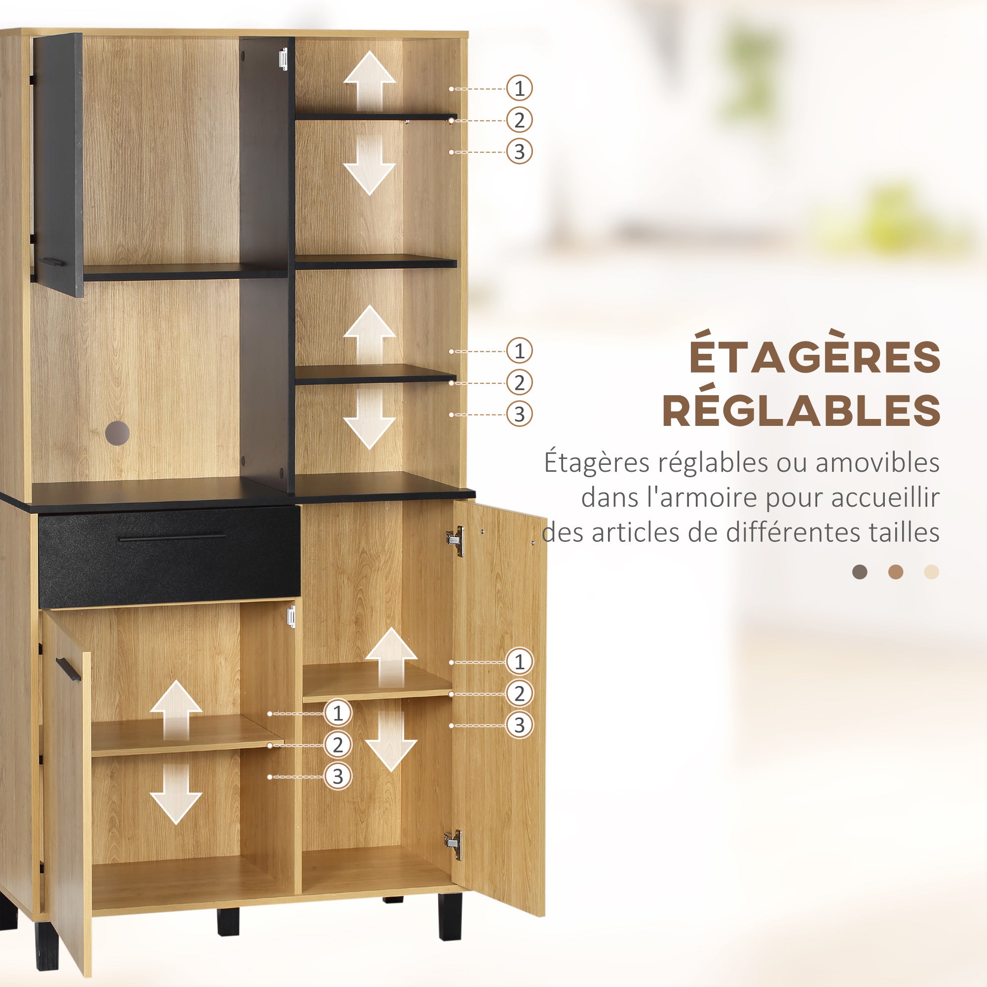Buffet de cuisine armoire de cuisine multi-rangements avec un tiroir, 3 placards, 4 niches et passe-câbles hauteur 180 cm
