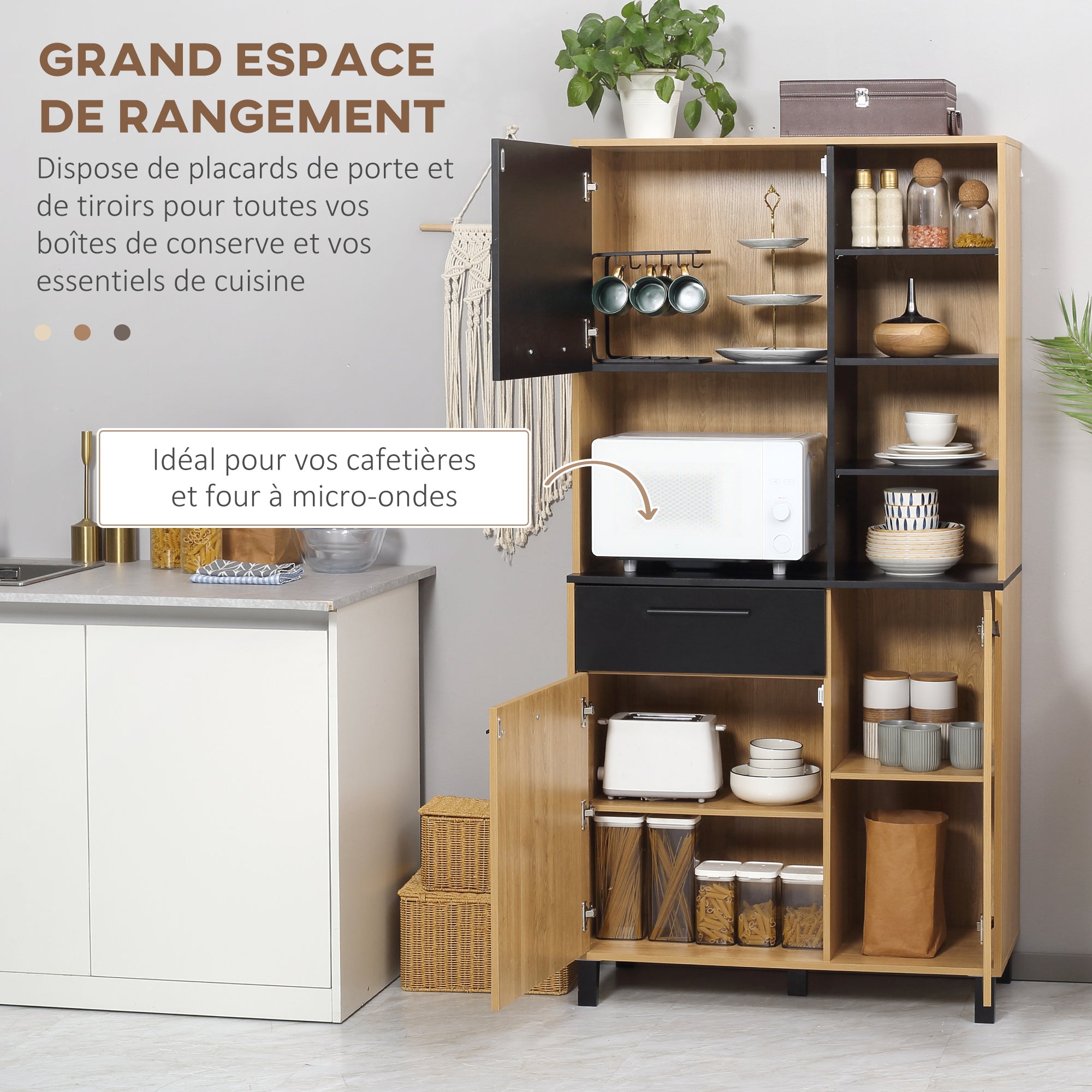 Buffet de cuisine armoire de cuisine multi-rangements avec un tiroir, 3 placards, 4 niches et passe-câbles hauteur 180 cm