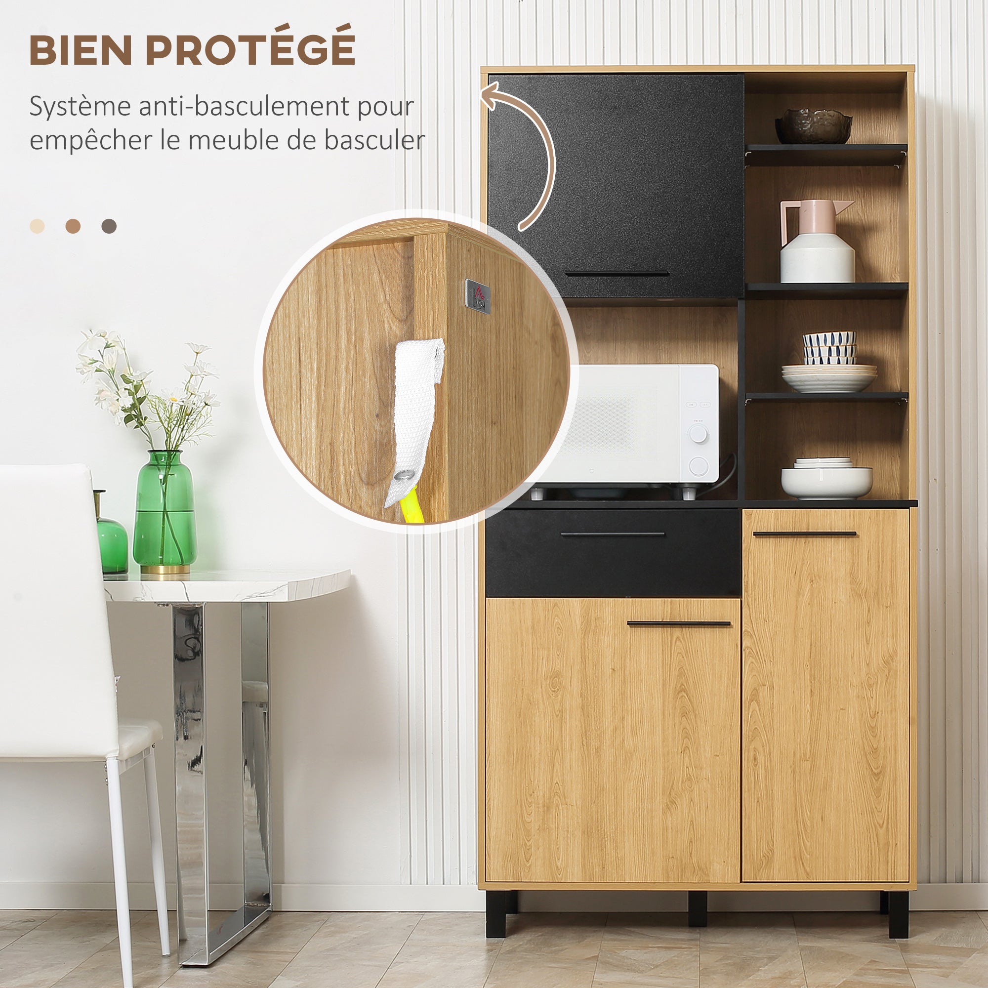 Buffet de cuisine armoire de cuisine multi-rangements avec un tiroir, 3 placards, 4 niches et passe-câbles hauteur 180 cm