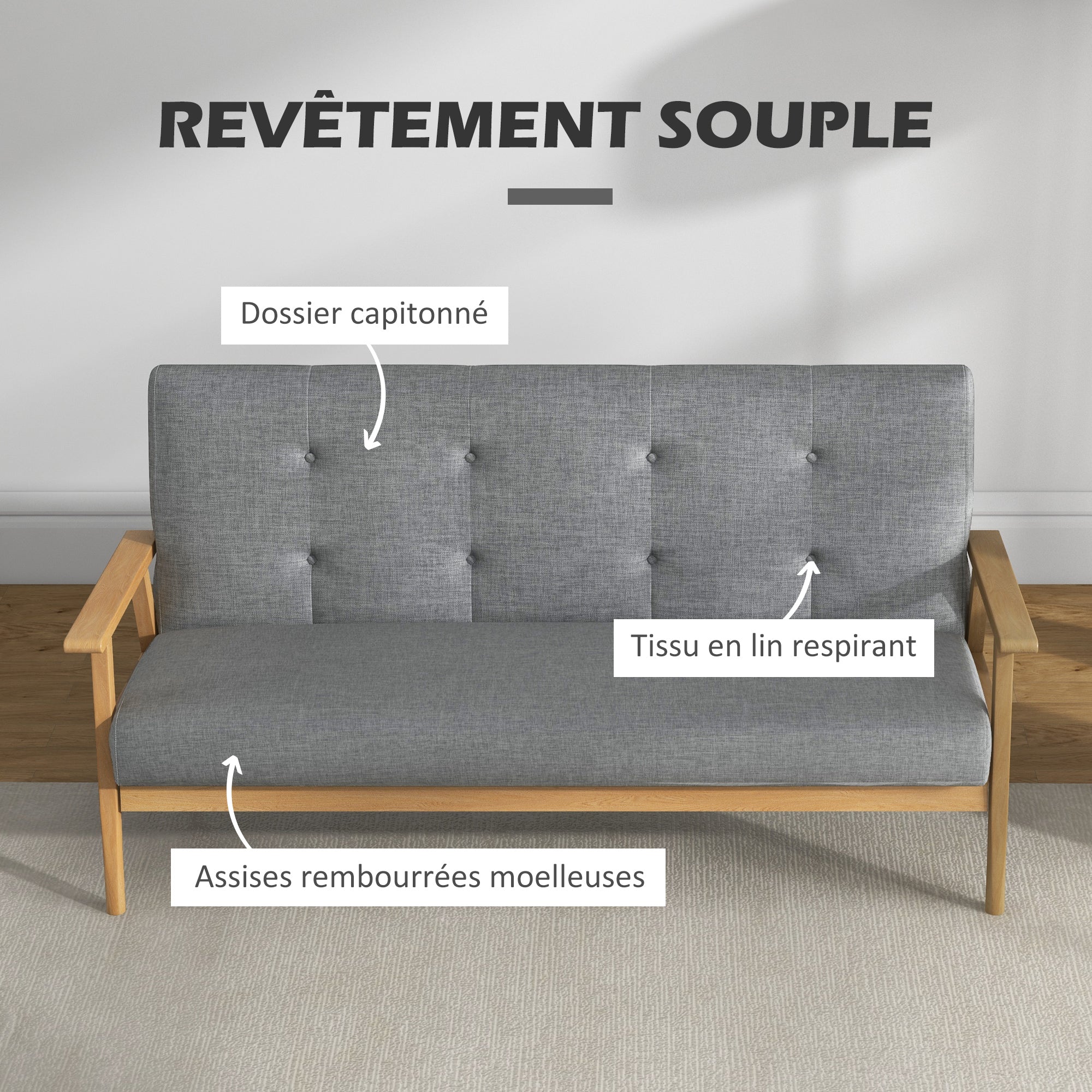 Canapé 3 places 154,5, canapé scandinave avec dossier capitonné, assise rembourrée et accoudoirs, pieds en bois d'hévéa, pour salon, chambre, petit espace, gris