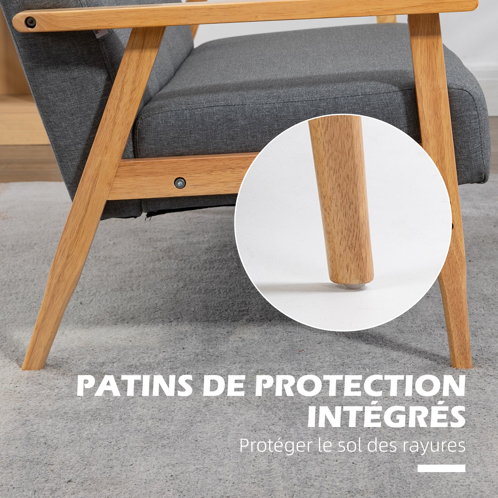 Canapé 3 places 154,5, canapé scandinave avec dossier capitonné, assise rembourrée et accoudoirs, pieds en bois d'hévéa, pour salon, chambre, petit espace, gris