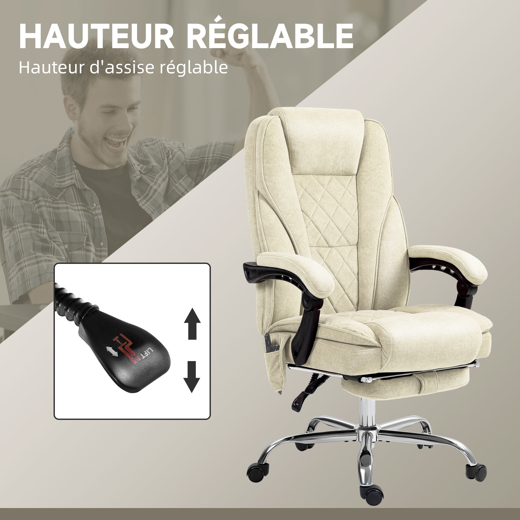 Fauteuil de bureau massant et chauffant chaise de bureau chaise ergonomique avec hauteur réglable dossier inclinable télécommande filaire repose-pieds rétractable et pivotant 360° beige