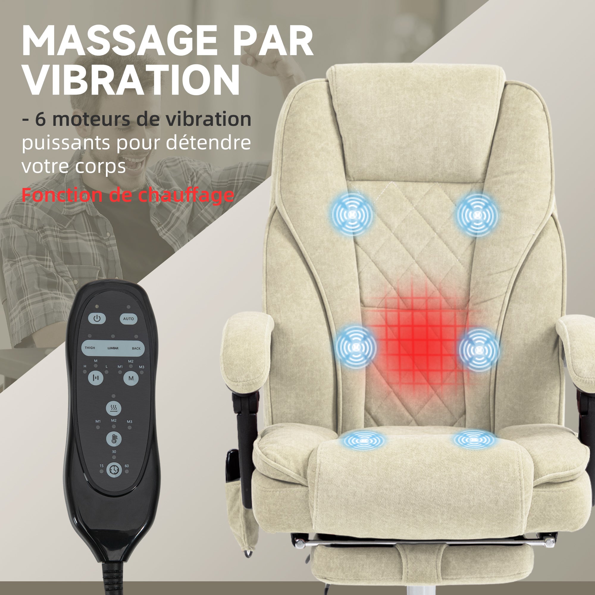 Fauteuil de bureau massant et chauffant chaise de bureau chaise ergonomique avec hauteur réglable dossier inclinable télécommande filaire repose-pieds rétractable et pivotant 360° beige