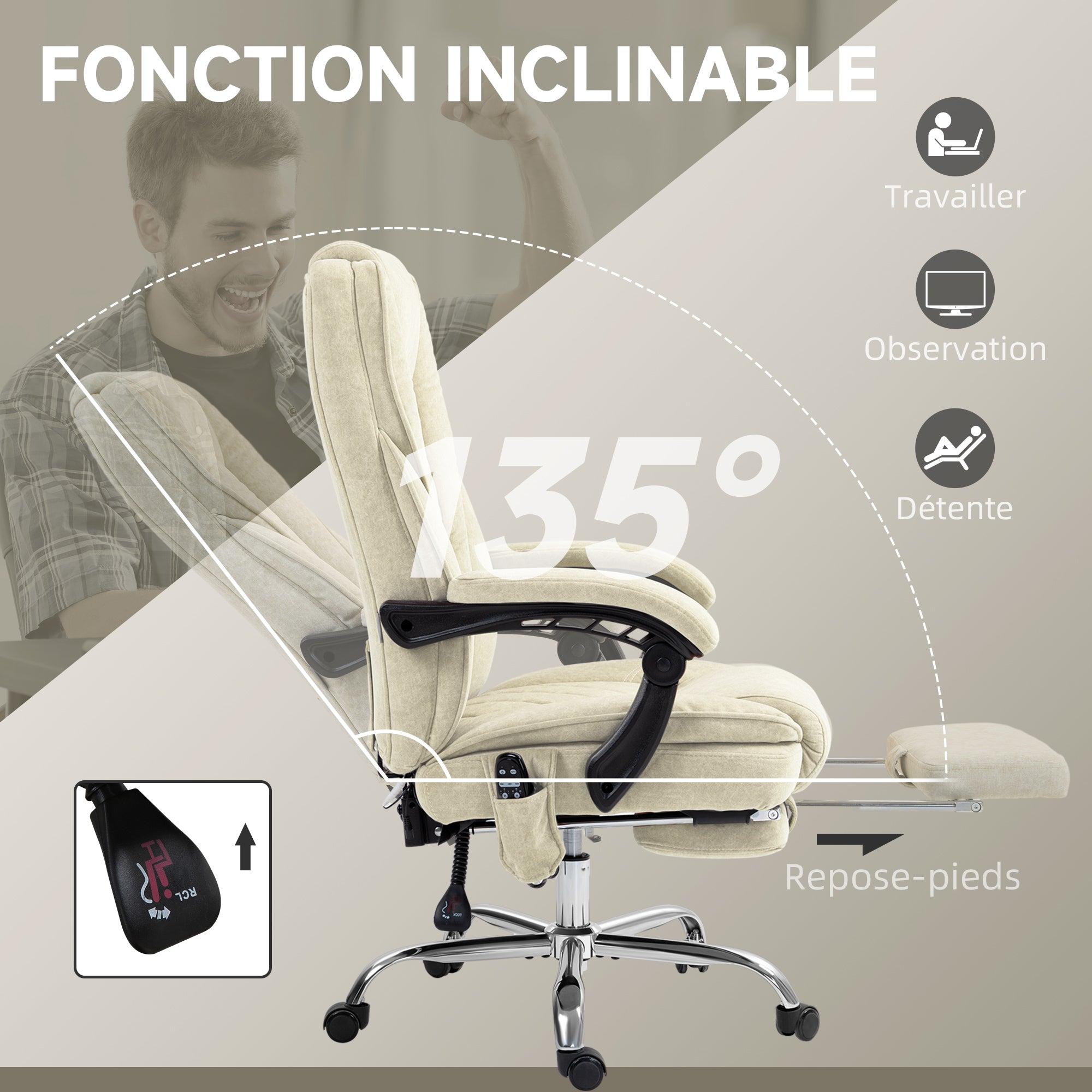 Fauteuil de bureau massant et chauffant chaise de bureau chaise ergonomique avec hauteur réglable dossier inclinable télécommande filaire repose-pieds rétractable et pivotant 360° beige