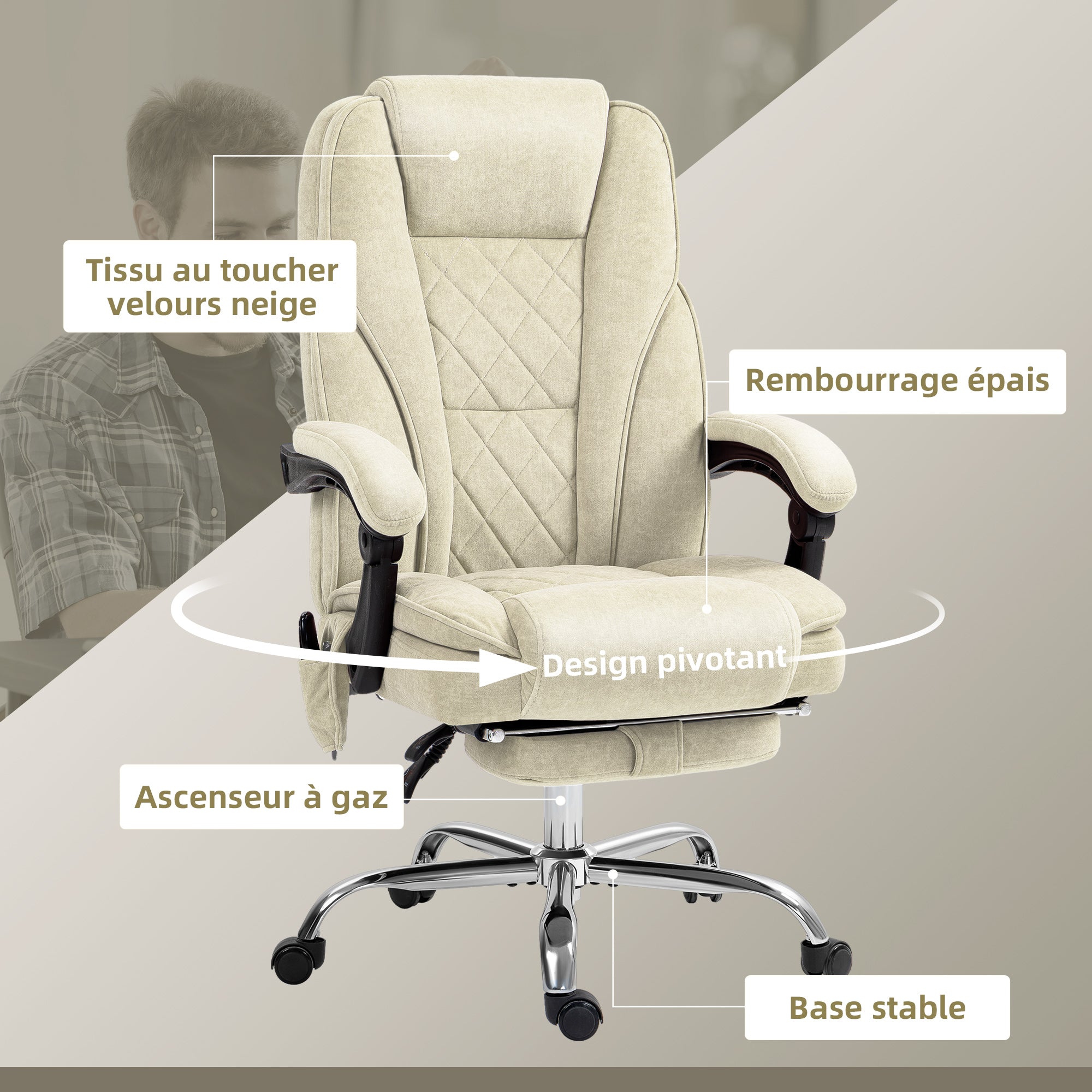 Fauteuil de bureau massant et chauffant chaise de bureau chaise ergonomique avec hauteur réglable dossier inclinable télécommande filaire repose-pieds rétractable et pivotant 360° beige