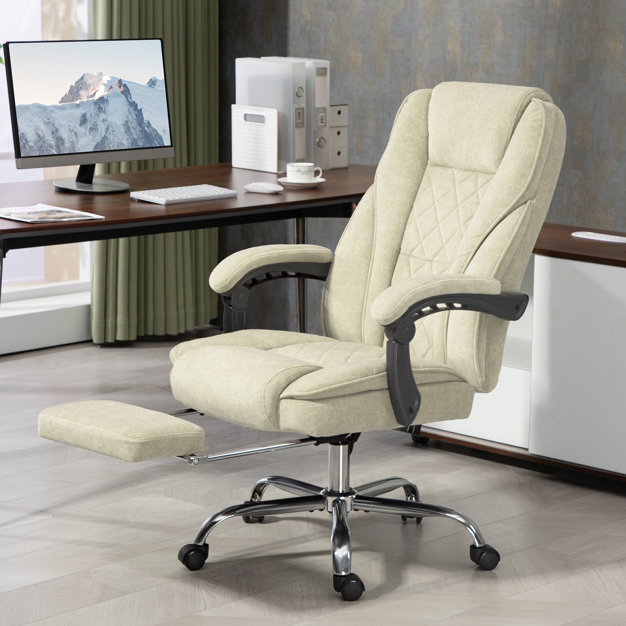 Fauteuil de bureau massant et chauffant chaise de bureau chaise ergonomique avec hauteur réglable dossier inclinable télécommande filaire repose-pieds rétractable et pivotant 360° beige