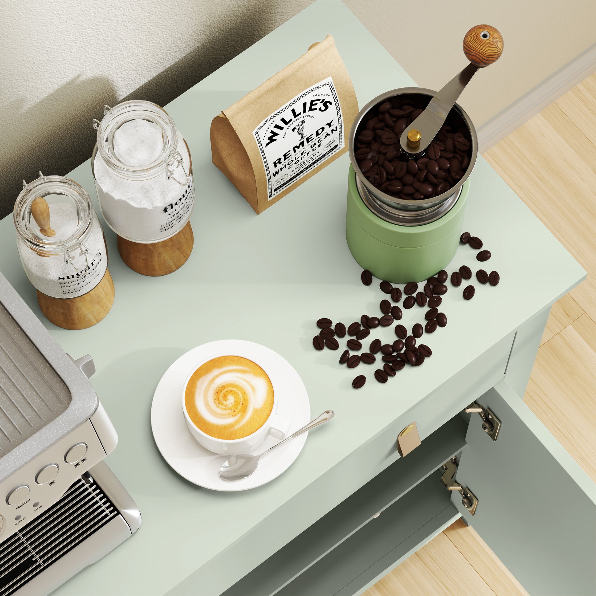 Buffet salon, meuble de rangement avec tiroir, double porte, étagère réglable, poignées en PU, style moderne, buffet salle à manger et cuisine, 80 x 40 x 90 cm, vert clair