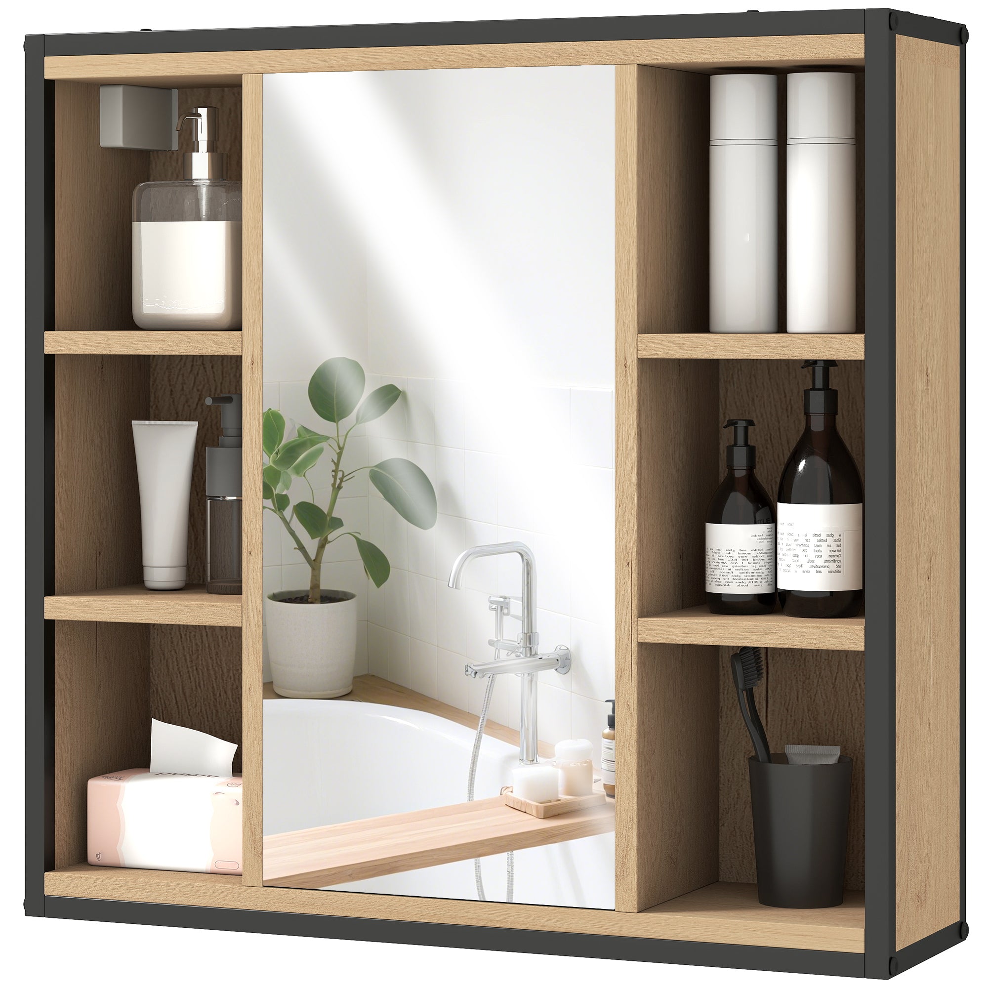 Armoire murale salle de bain avec miroir, 52 x 24,5 cm, meuble salle de bain, armoire de toilette avec 6 compartiments ouverts et étagère réglable, chêne