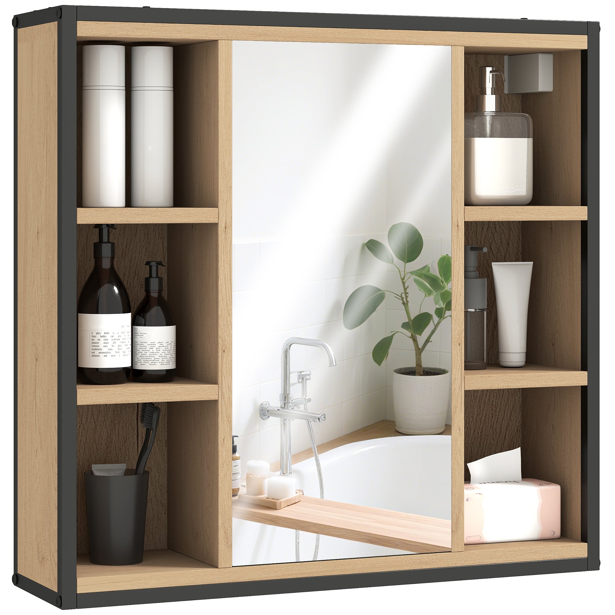 Armoire murale salle de bain avec miroir, 52 x 24,5 cm, meuble salle de bain, armoire de toilette avec 6 compartiments ouverts et étagère réglable, chêne