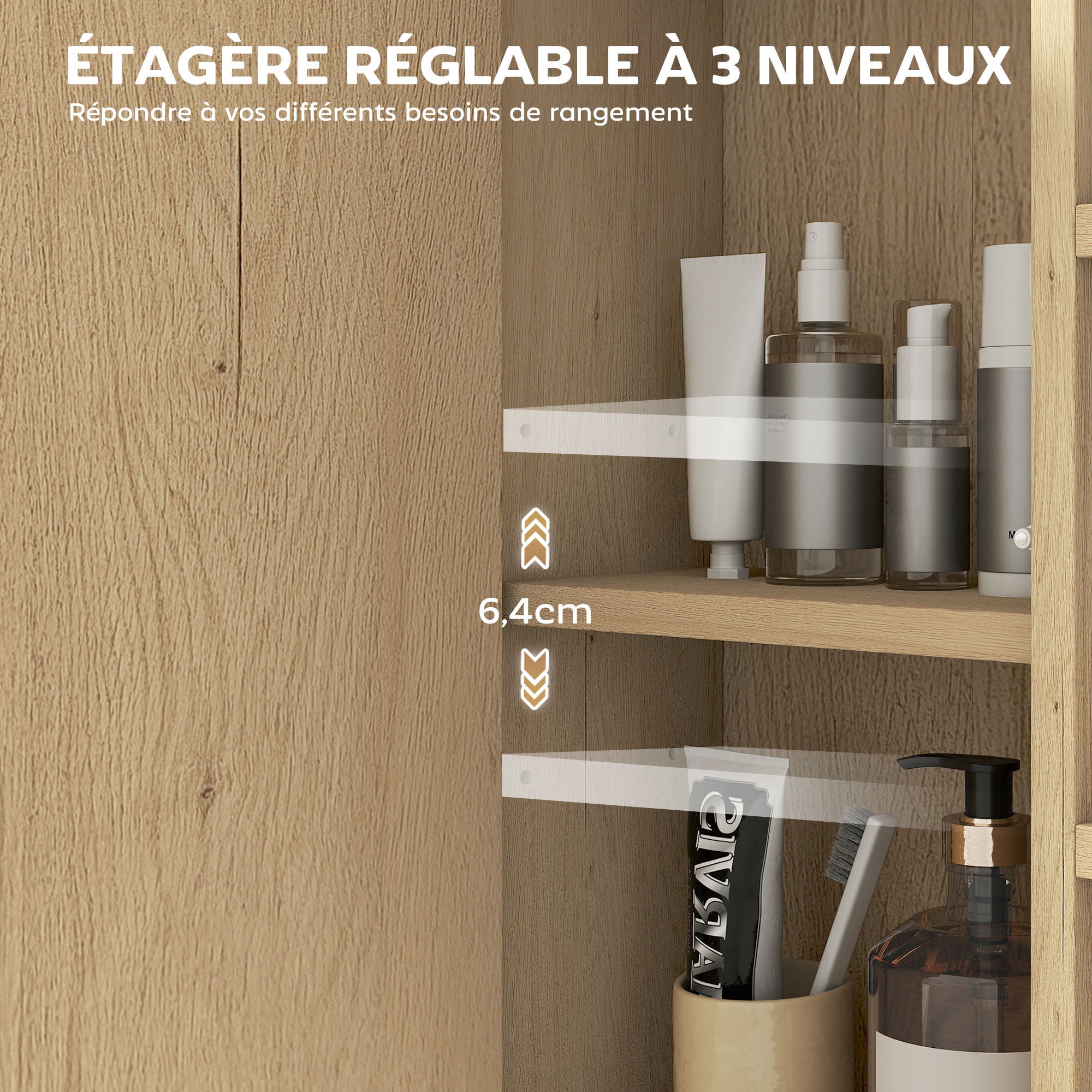 Armoire murale salle de bain avec miroir, 52 x 24,5 cm, meuble salle de bain, armoire de toilette avec 6 compartiments ouverts et étagère réglable, chêne