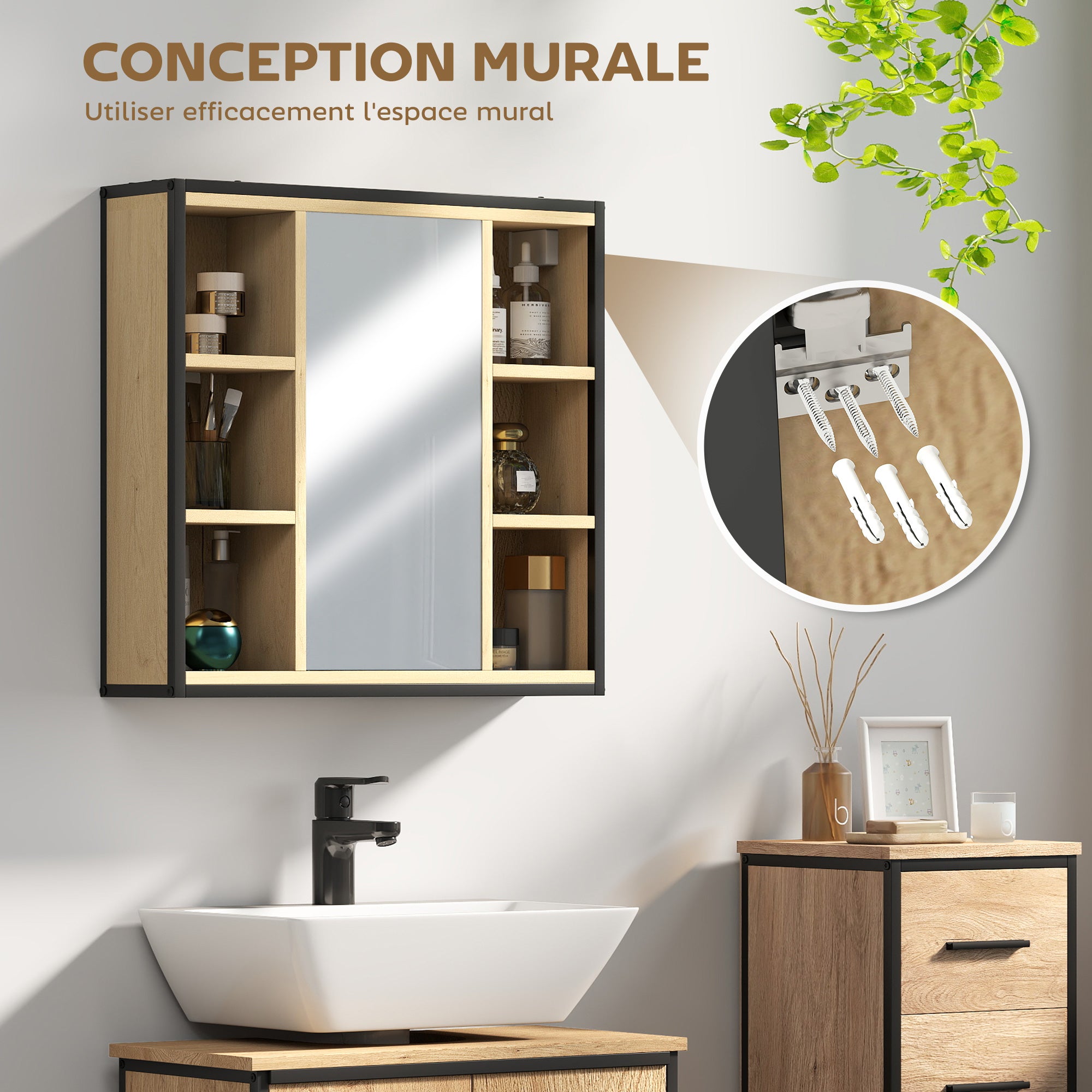 Armoire murale salle de bain avec miroir, 52 x 24,5 cm, meuble salle de bain, armoire de toilette avec 6 compartiments ouverts et étagère réglable, chêne
